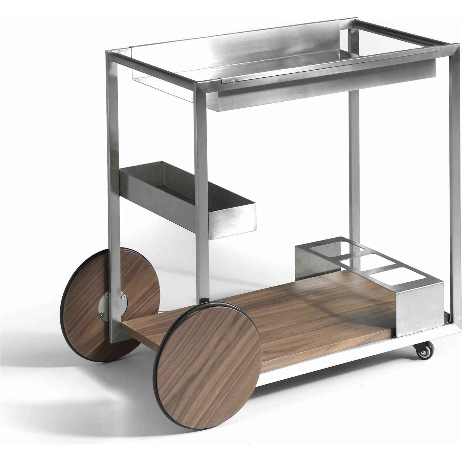 Chariot Minibar Acier Chromé Poli 2 Plateaux Amovibles Et Espace Bouteilles - Noyer, Acier Inoxydable