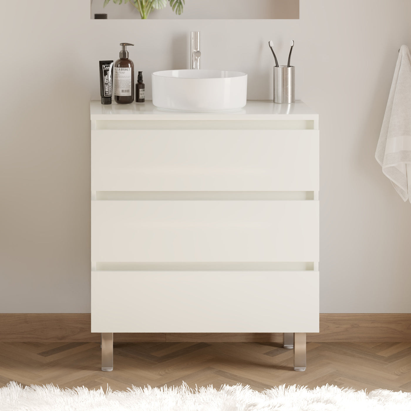 Meuble De Salle De Bain 60cm Avec Plateau Et Vasque À Poser Ronde - 3 Tiroirs - Sans Miroir - Blanc Brillant - Mayor