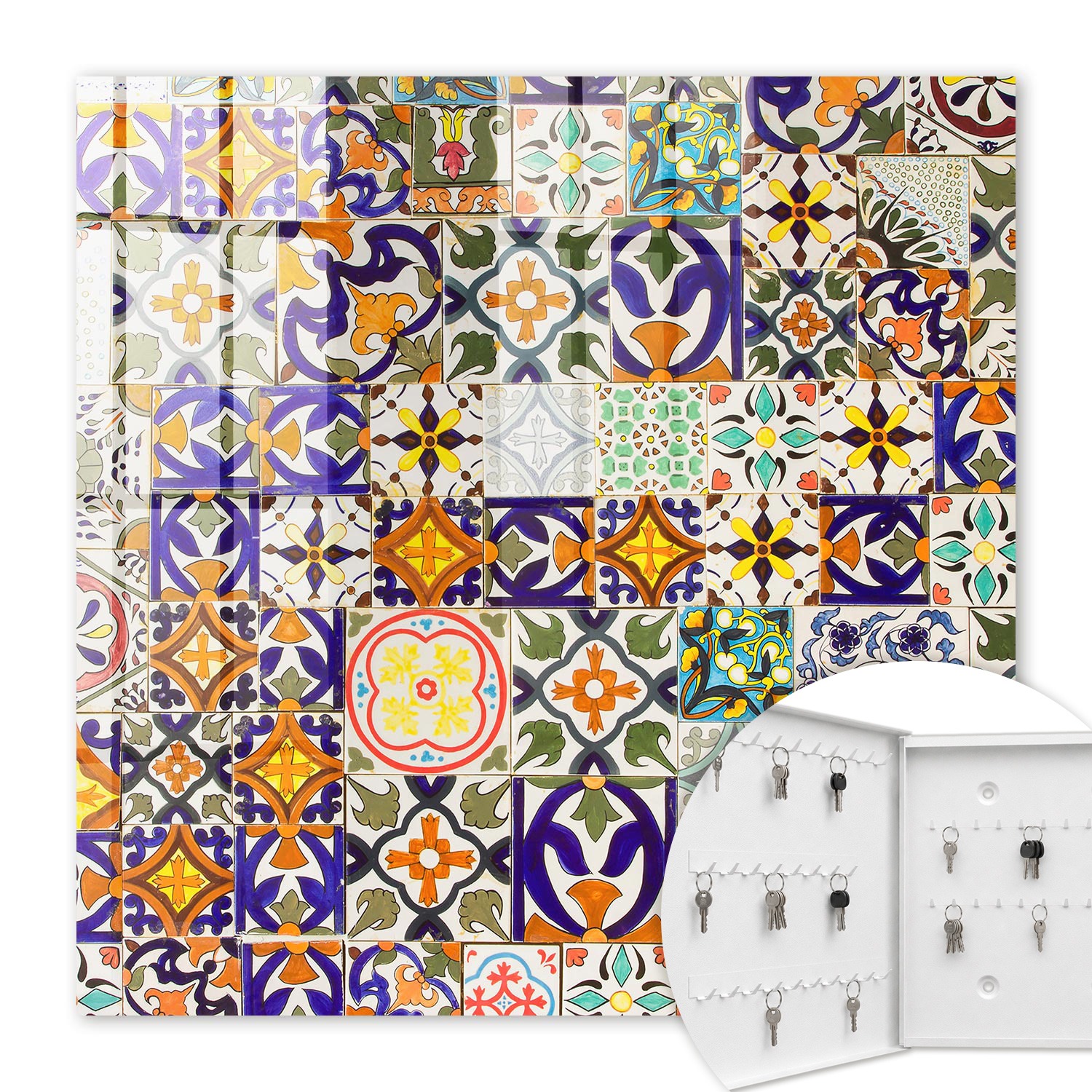 Armoire À Clés - (30 Cm X 30 Cm) - Boîte À Clés Murale - Coffret De Rangement Pour Clés - Couleur Blanche - Ouverture Vers La Gauche - Pour Maison Et Bureau - Carreaux Colorés