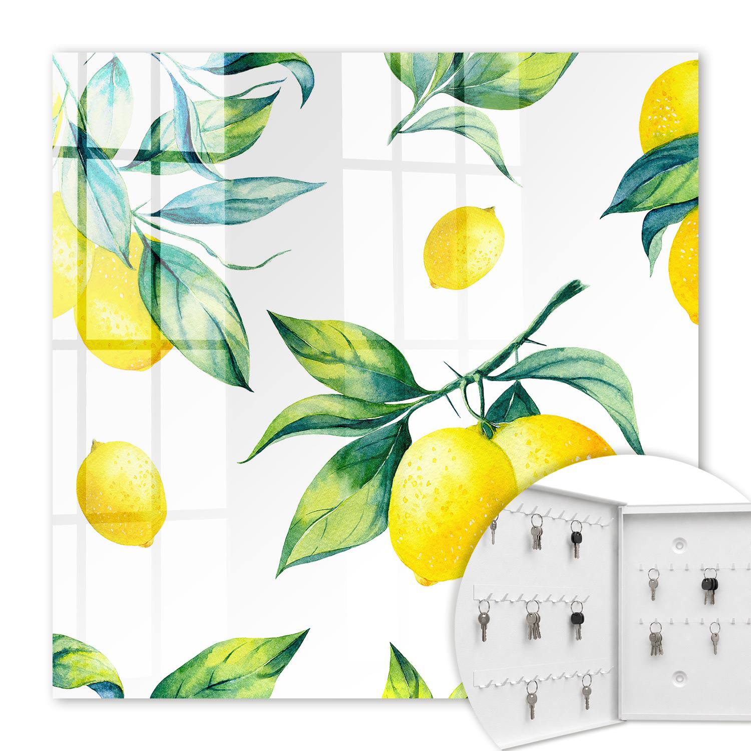 Armoire À Clés - (30 Cm X 30 Cm) - Boîte À Clés Murale - Coffret De Rangement Pour Clés - Couleur Blanche - Ouverture Vers La Gauche - Pour Maison Et Bureau - Citrons Aquarelle