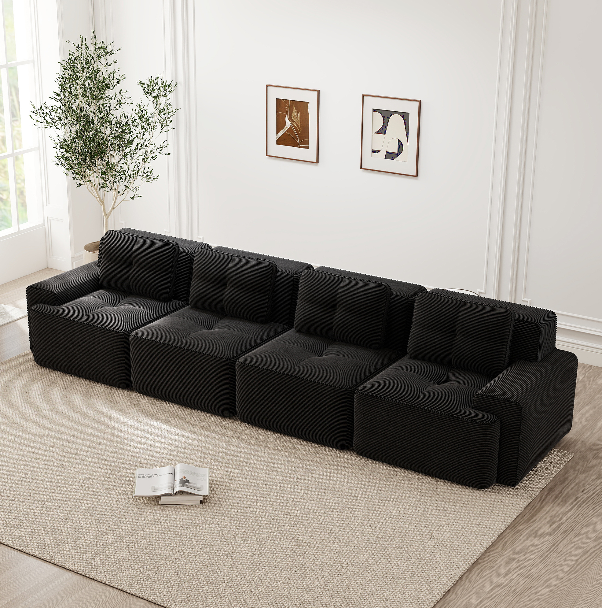 Redom - Canapé Modulable 4 Places Sans Ossature, Confort Effet Nuage, Assise Profonde, Tissu Corduroy Noir