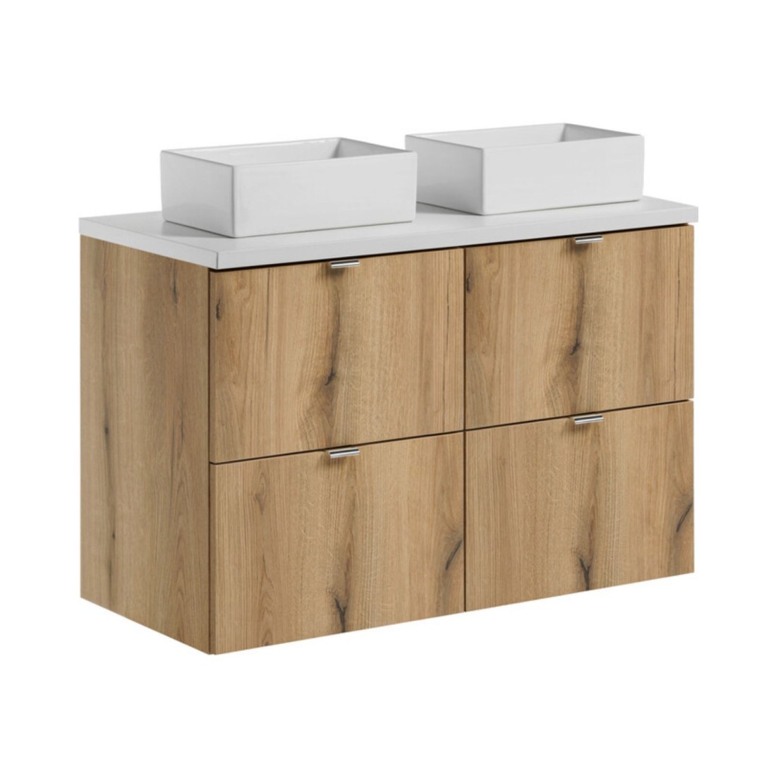 Ensemble Vano Aspect Chêne Et Blanc 100cm: Meubles Sous Vasque À Tiroirs + Plan Pour Vasque + Vasques À Poser Rectangulaires
