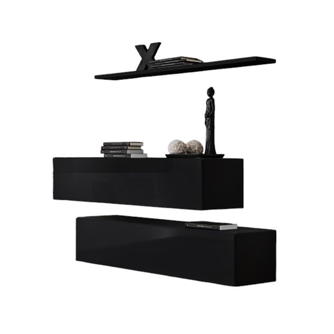 Meublorama - Ensemble Meubles Salon Switch Sbii - Noir Brillant - Meuble Tv Et Étagère Murale Design