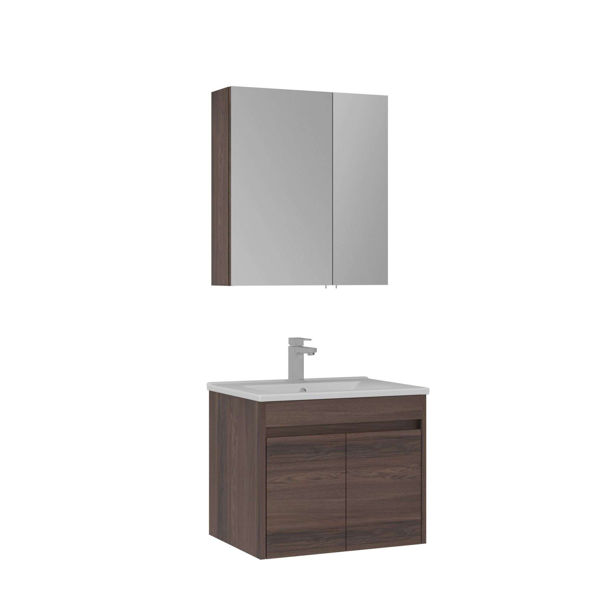Meuble Avec Simple Vasque Et Miroir "side 65 V2" - 65 X 45 X 52 Cm - Walnut