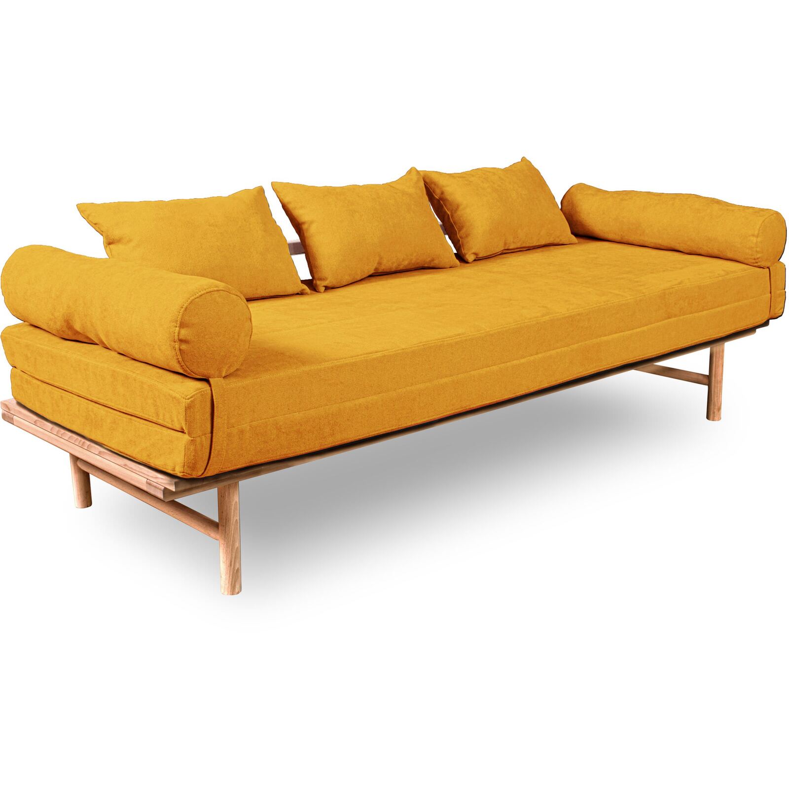 Canapé Lit Convertible Design En Tissu Beige Et Bois - 140 X 200 Cm - Bois Clair Et Beige
