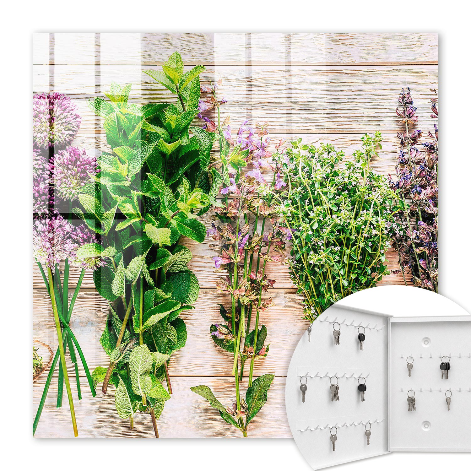 Armoire À Clés - (30 Cm X 30 Cm) - Boîte À Clés Murale - Coffret De Rangement Pour Clés - Couleur Blanche - Ouverture Vers La Gauche - Pour Maison Et Bureau - Herbes Vertes