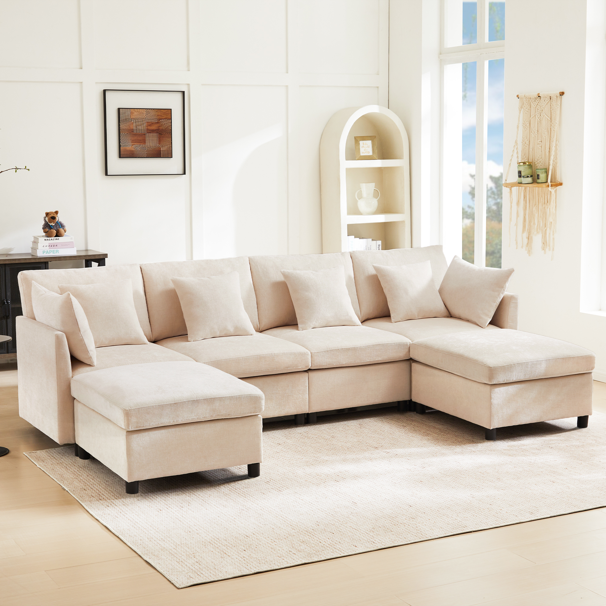 Redom Canapé Convertible 6 Places Convertible En U Ou L, Avec 2 Hockers Et 6 Coussins, Chenille Beige
