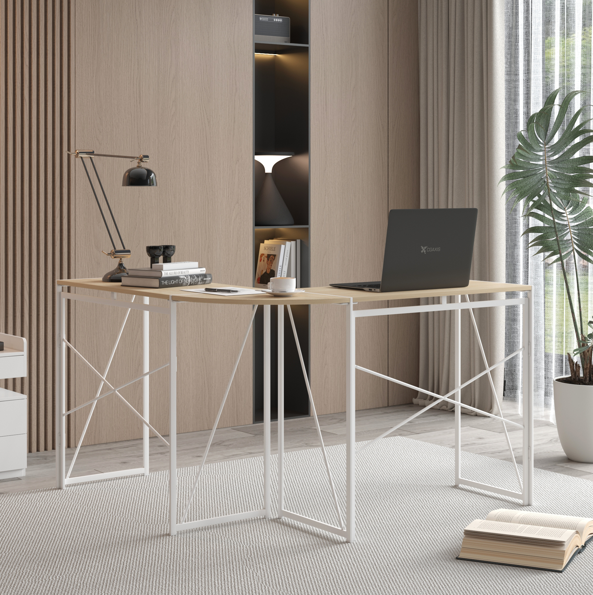 Redom Escritorio Esquinero En L, Para Oficina Y Estudio, Amplio Espacio De Trabajo, Metal Y Madera, Roble Blanco