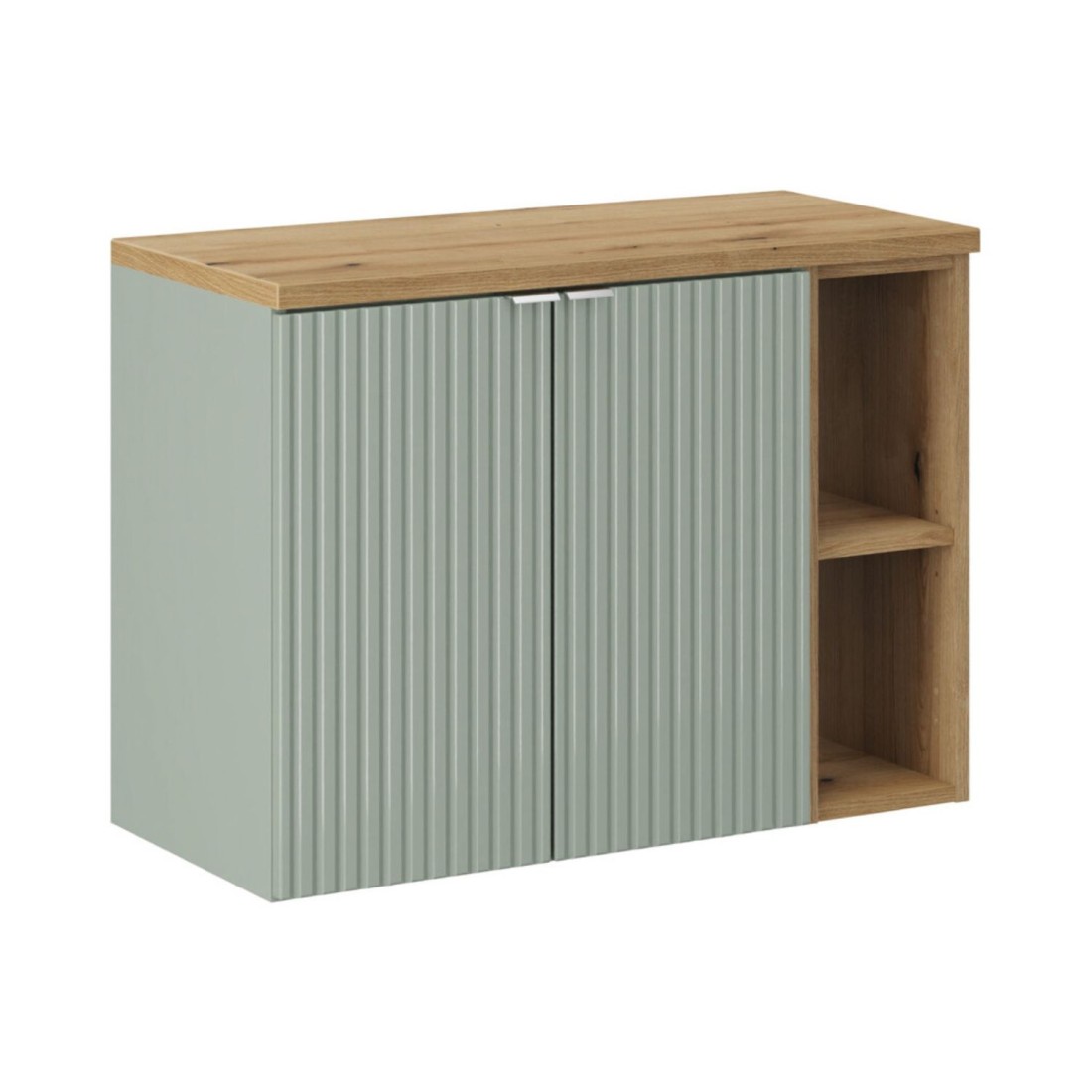 Ensemble Elvina 80cm: Meuble Sous Vasque À Placards Vert Avec Niches Visibles + Plan Pour Vasque Aspect Bois Foncé