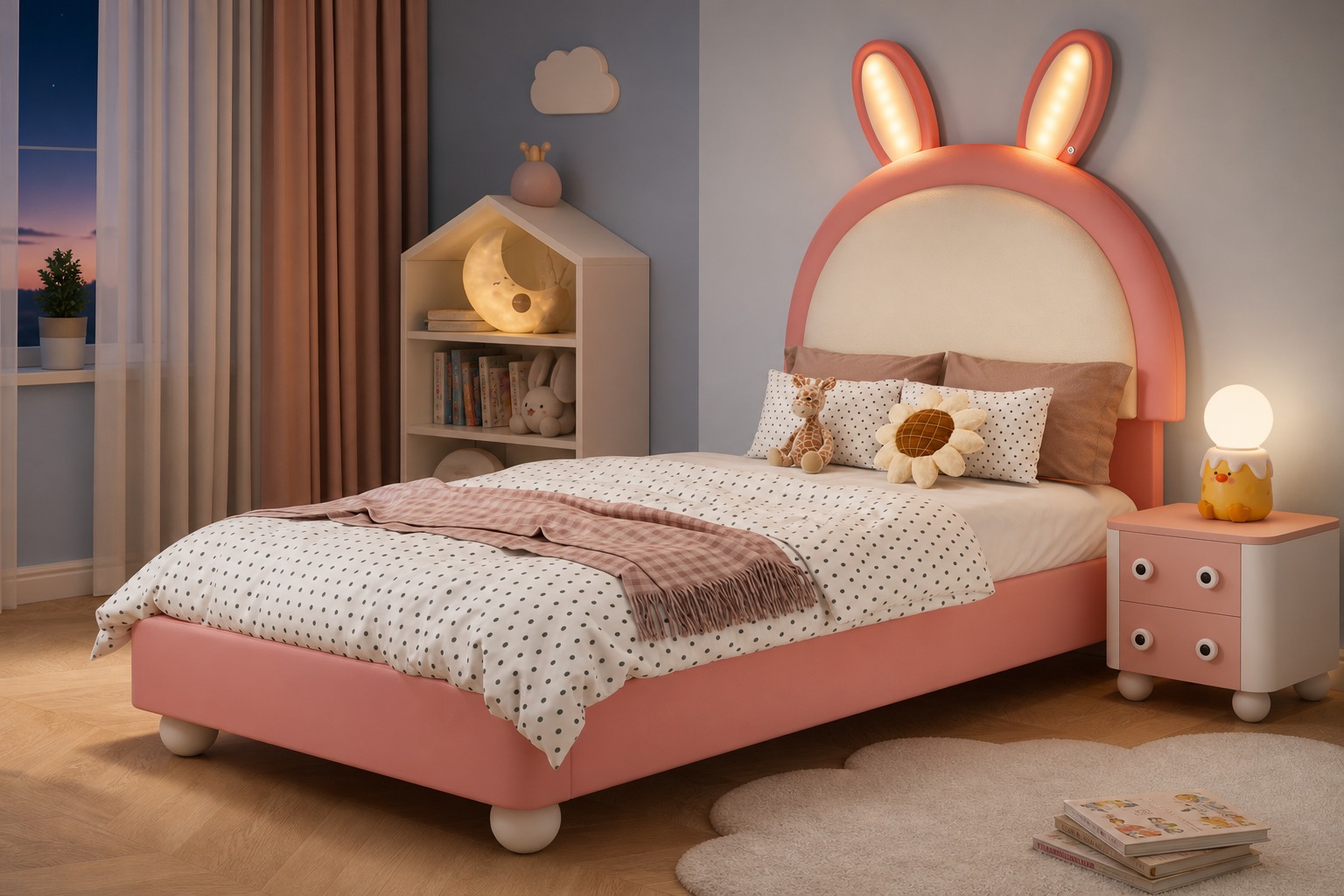 Lit Enfant Capitonné 90x200 Cm, Tête De Lit Lapin, Led, Rose Et Blanc, Pu Et Bois