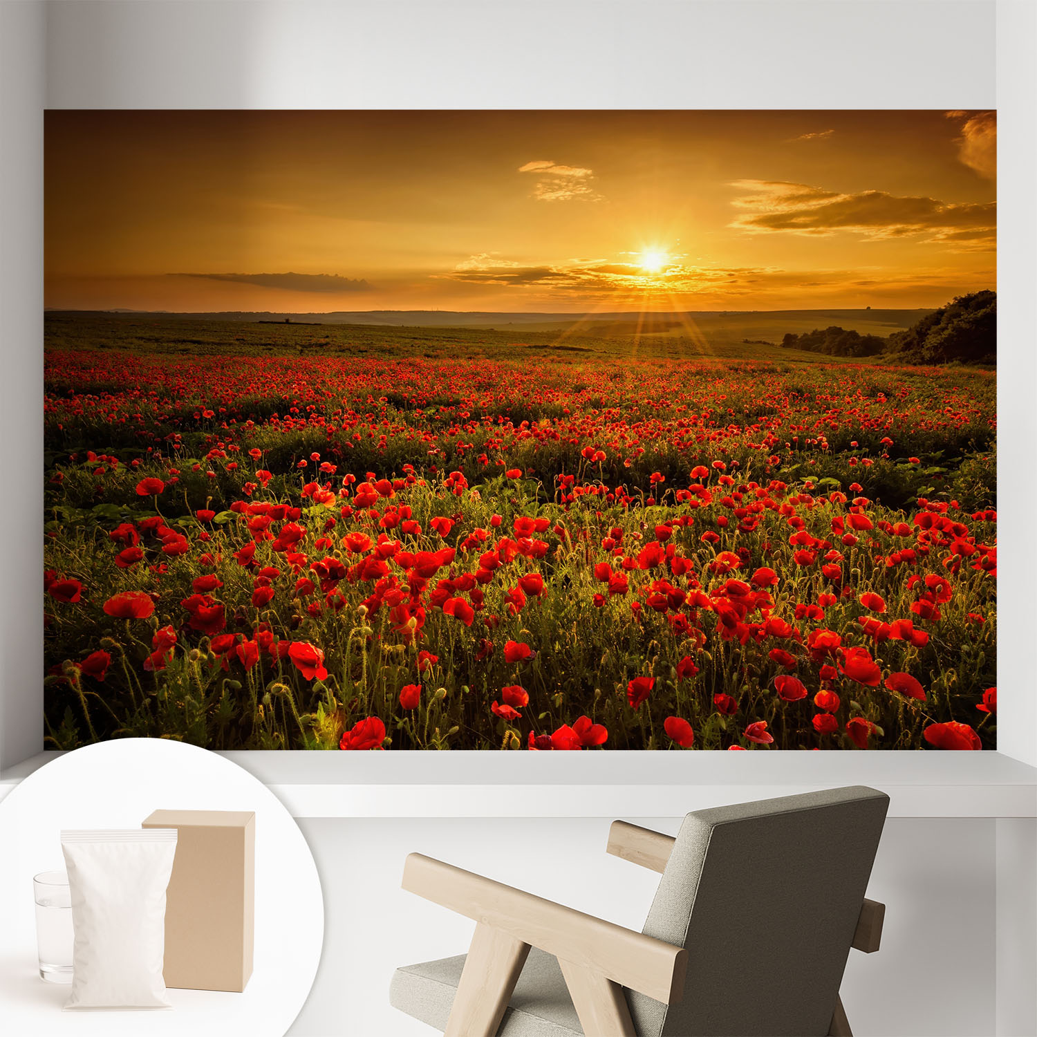 Papier Peint Intissé Décoratif Avec Motifs Pour Salon Et Chambre A Motif - Colle Incluse Gratuite Champ De Pavots 104x70 Cm