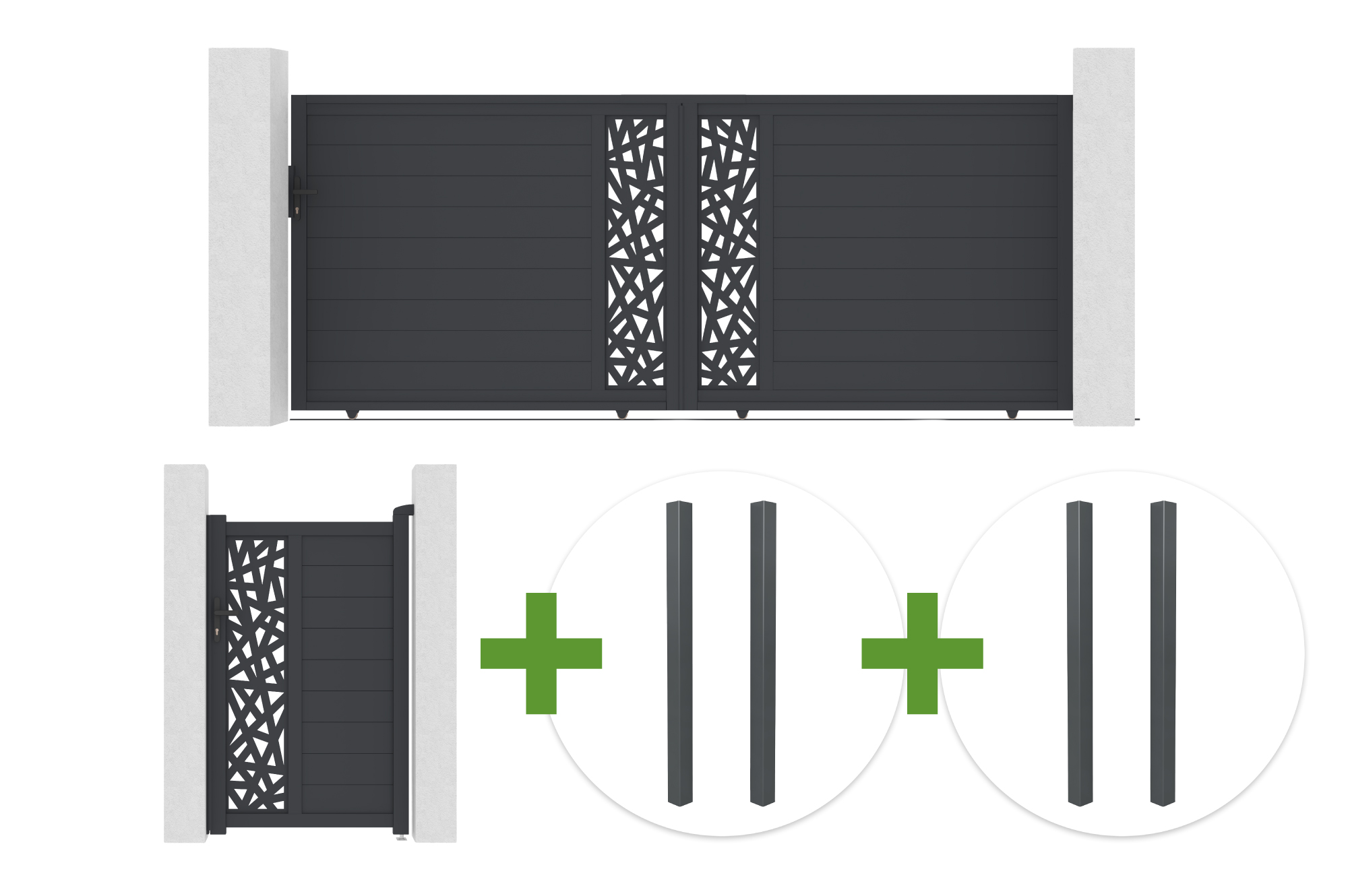 Portail Coulissant 4m Ruivo H.160cm Aluminium Gris + Portillon 1m Ruivo H.160cm + 4 Poteaux