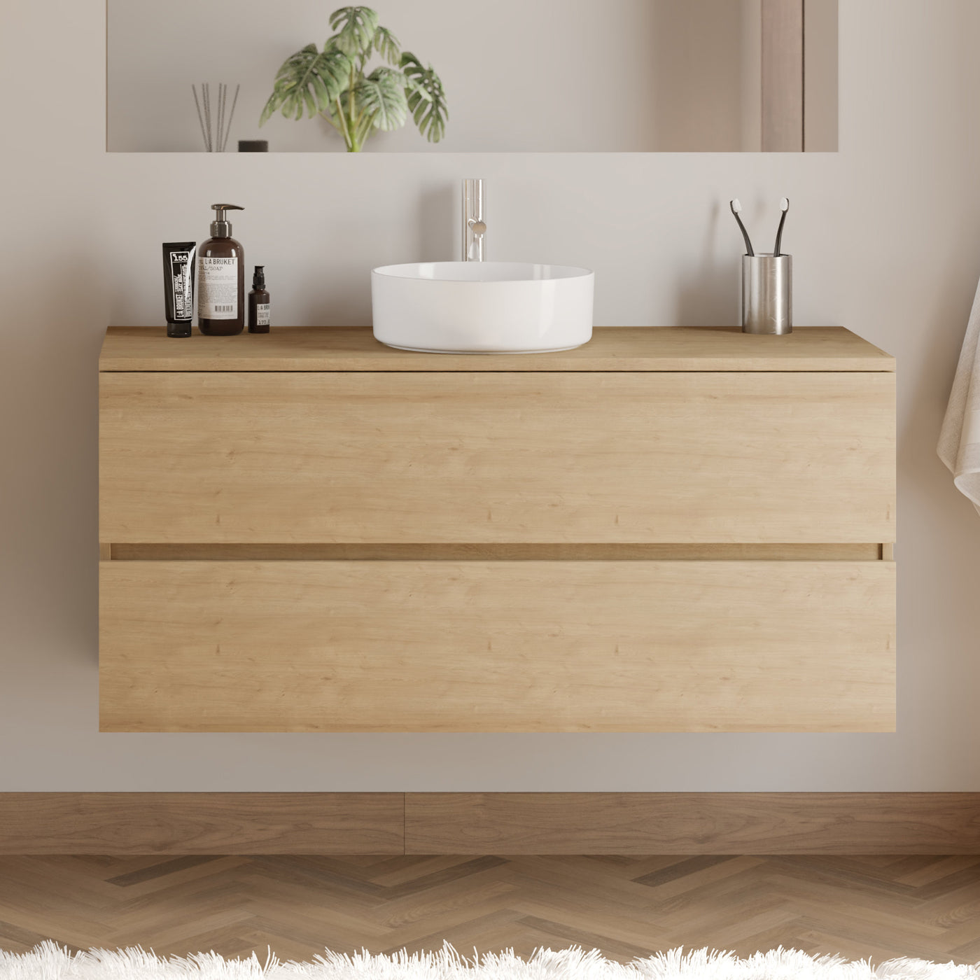 Meuble De Salle De Bain 120cm Avec Plateau Et Vasque À Poser Ronde - 2 Tiroirs - Sans Miroir - Nebraska (chêne Clair) - Ida