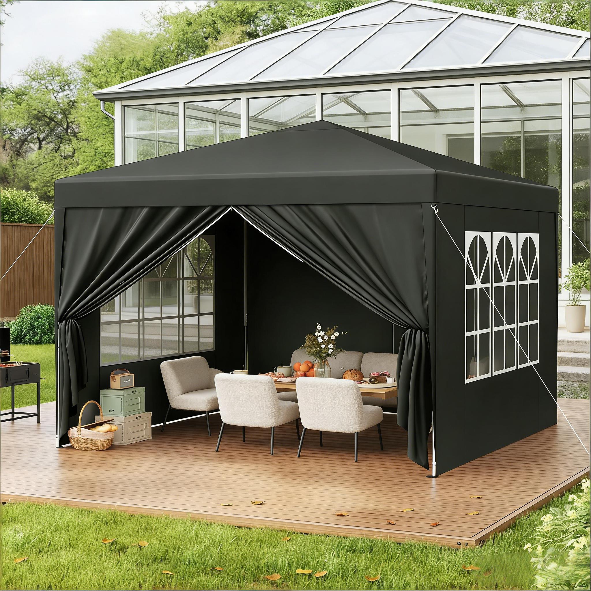 Gazebo De Jardin 3x3 M Gris En Tissu Oxford, Structure En Fer, Pour Patio Et Événements