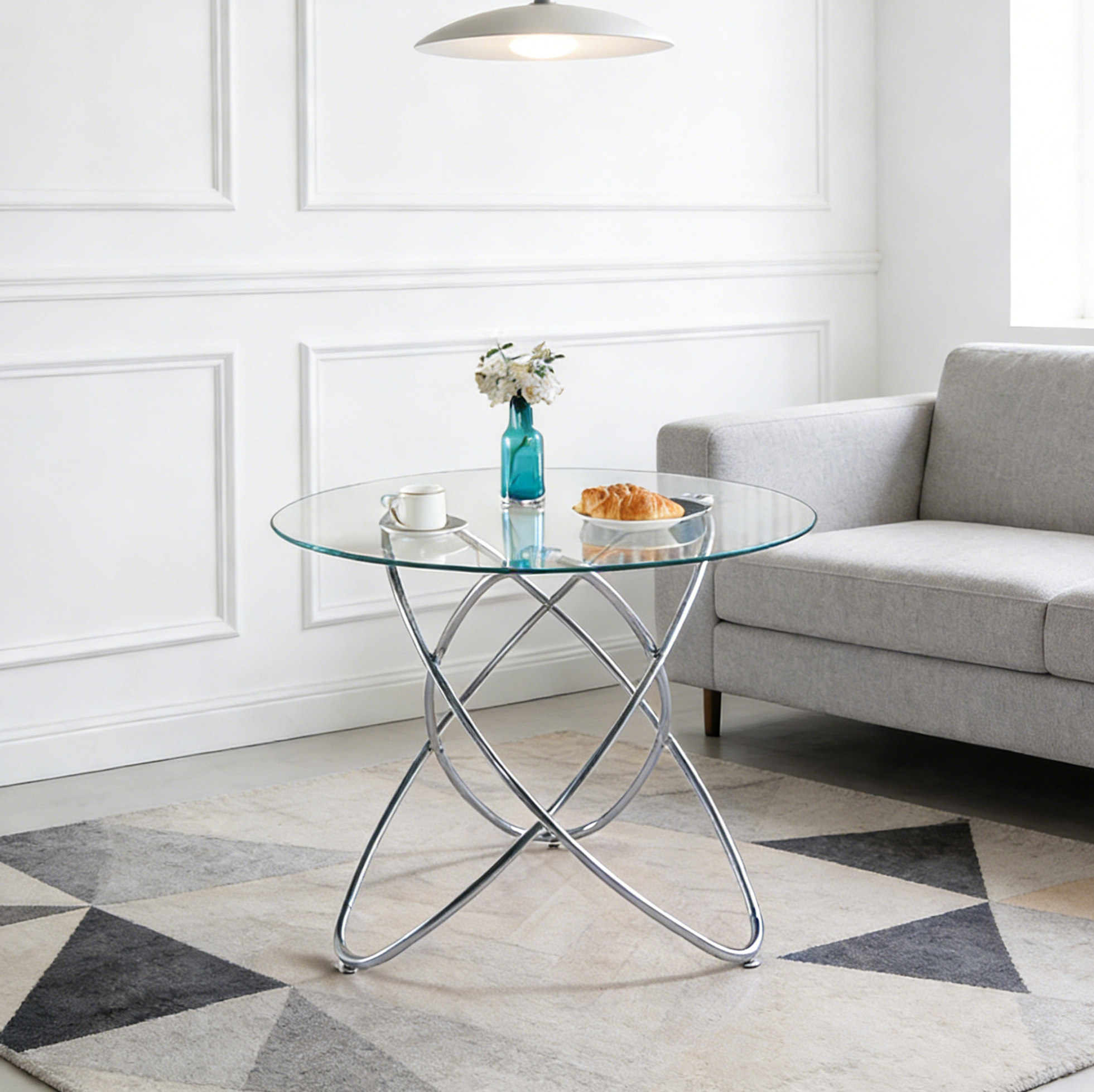 Table À Manger Ronde En Verre Trempé Ø 80 Cm Avec Pieds En Métal Chromé
