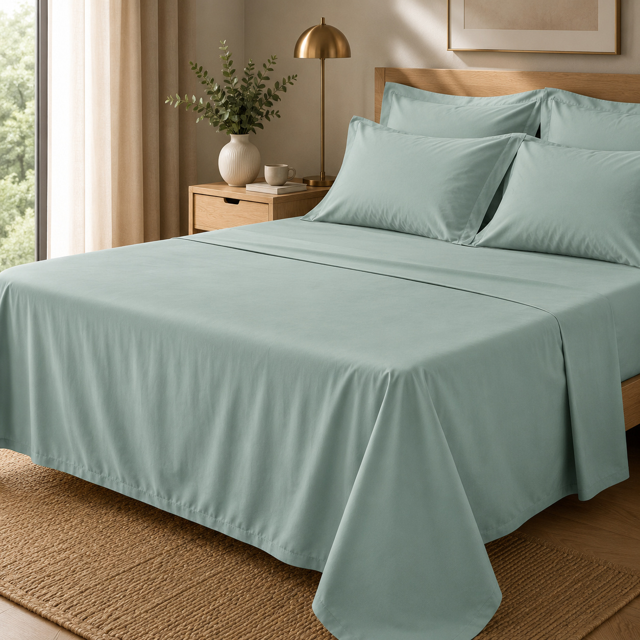 Drap Plat Percale 240 X 300 Cm - Pur Coton Peigné Longues Fibres 80 Fils/cm² - Céladon