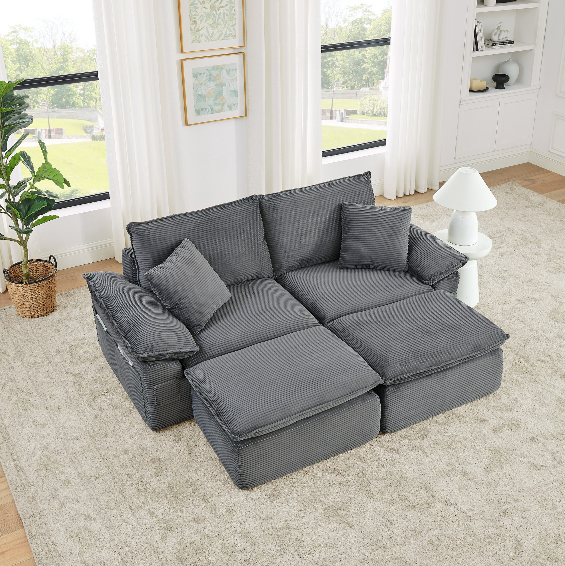 Canapé De Sol Modulaire 2 Places Avec Repose-pieds Mobile Et Poches De Rangement, En Tissu Gris Clair