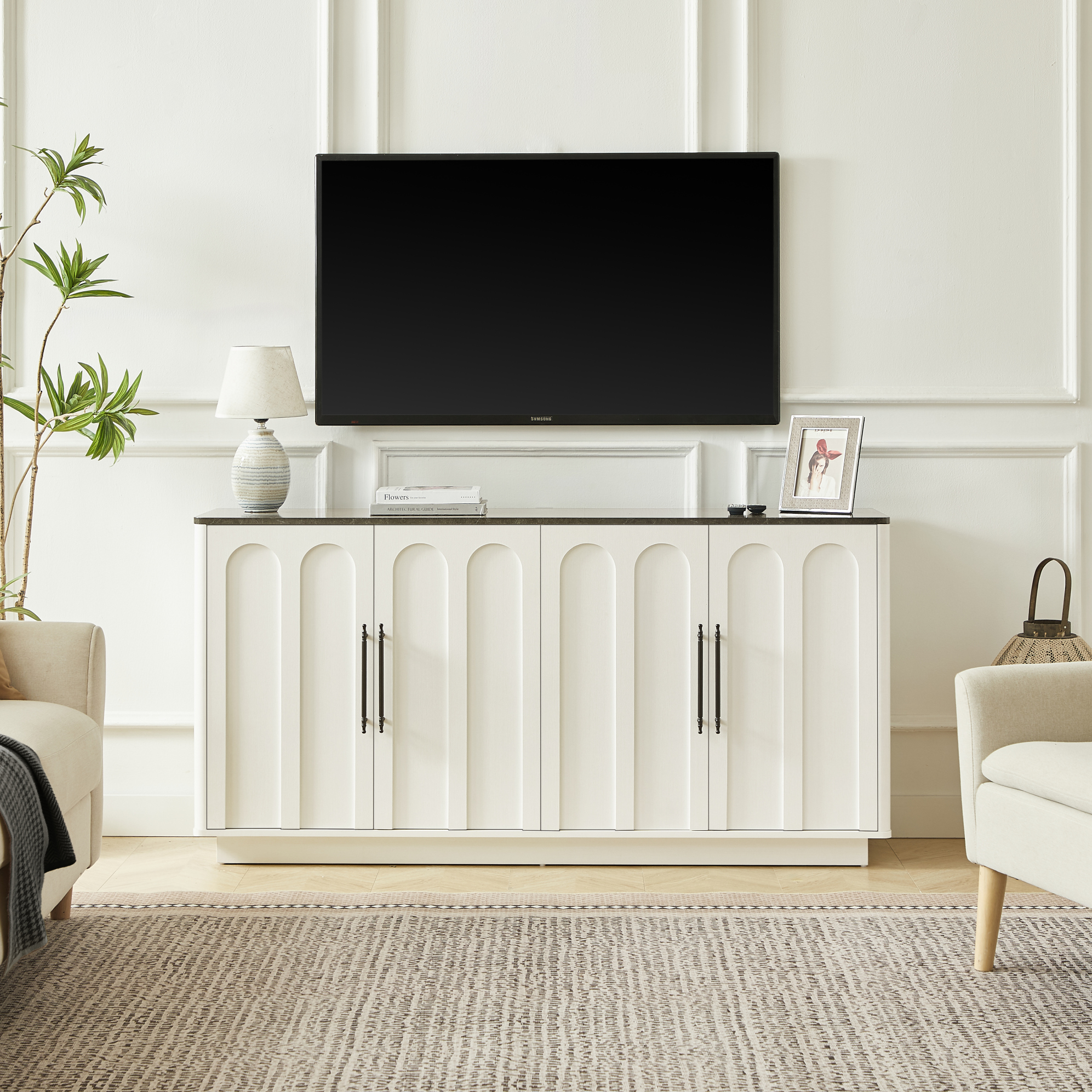 Buffet Bas 4 Portes Arrondies, Soft-close Et Anti-basculement, 160 Cm, Mdf, Blanc Et Noir