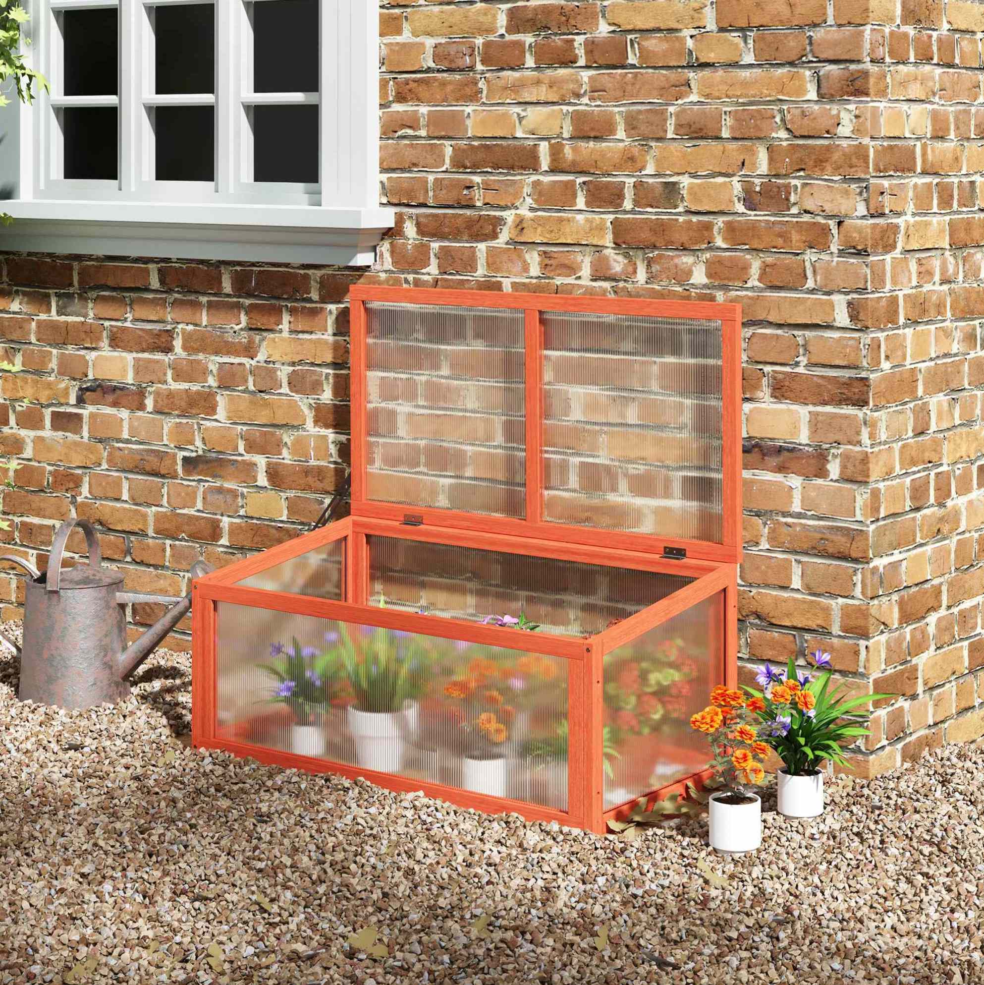 Mini Serre De Jardin En Bois Et Polycarbonate Avec Couvercle, Orange, 90 X 46 X 40 Cm