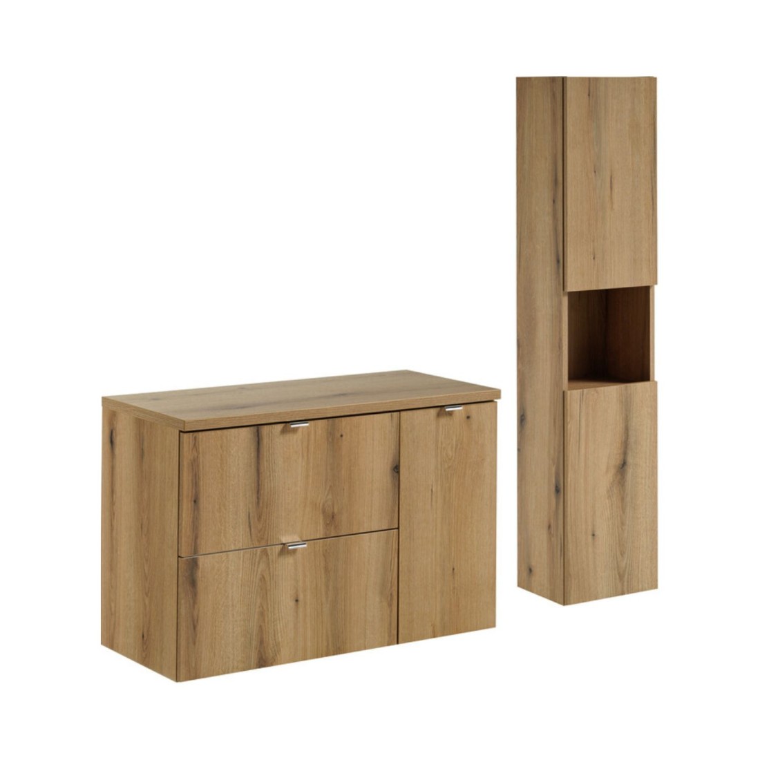 Ensemble De Salle De Bain Vano Aspect Chêne 120cm: Meuble Sous Vasque À Tiroirs Et Placards + Plan Pour Vasque + Colonne
