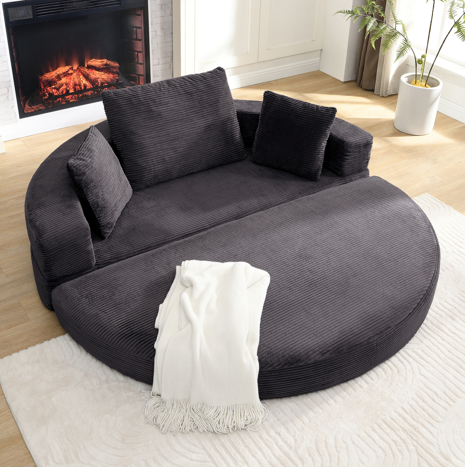 Canapé-lit Pliant Modulable En Corduroy Noir 173 X 176 Cm Avec 3 Coussins, Redom