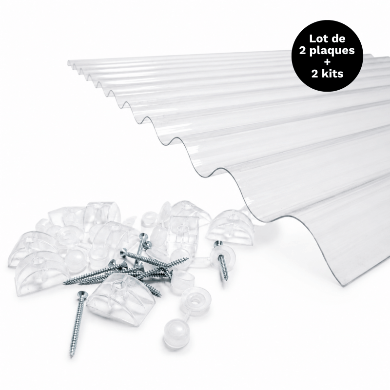 Lot 2 Plaques Polycarbonate Ondulées Po 76/18 + 2 Kits De Fixation - Coloris - Translucide, Largeur - 90 Cm, Longueur - 200 Cm