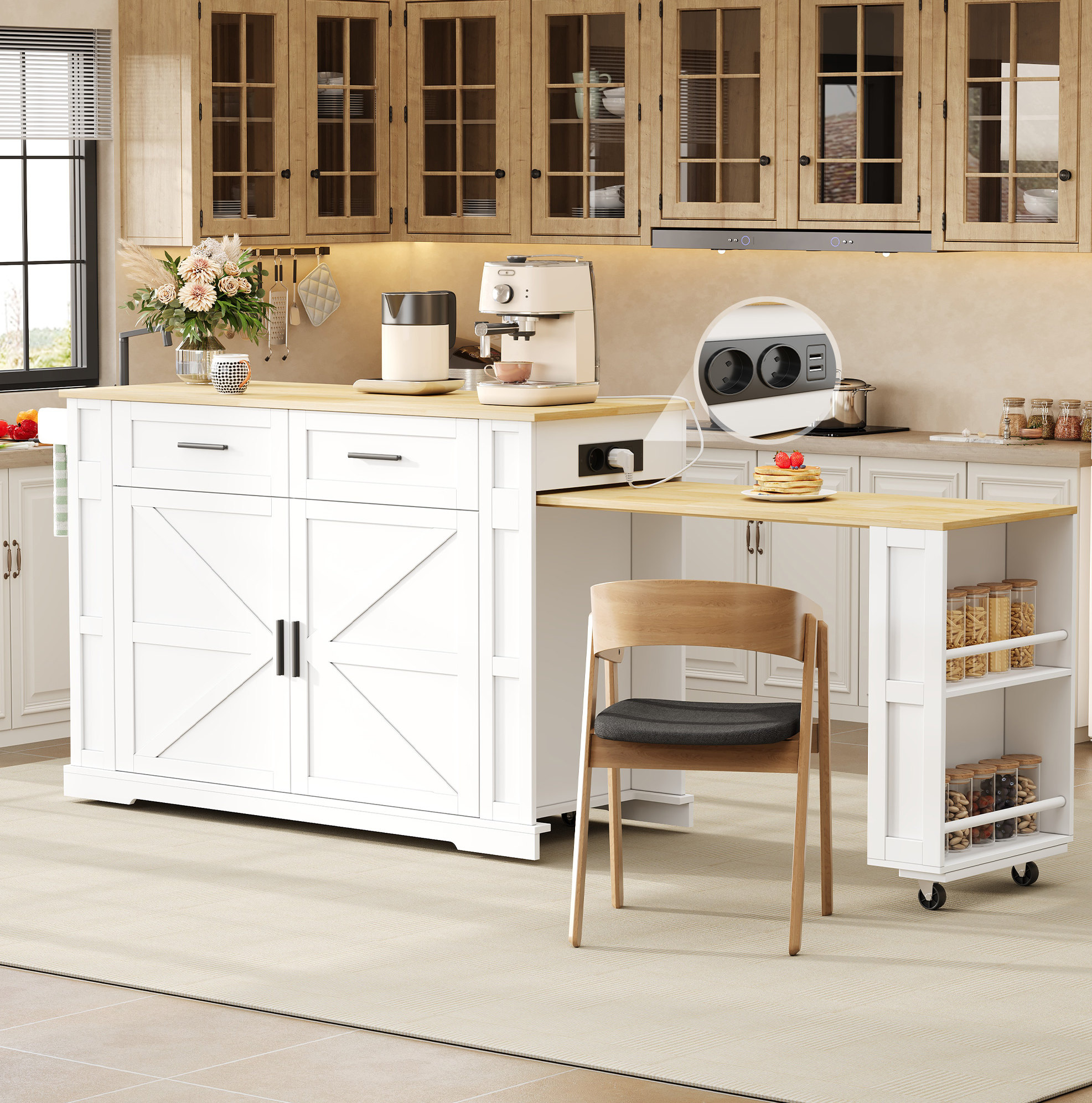Îlot De Cuisine Avec Plateau Coulissant 130×50×93 Cm, Prises, 2 Tiroirs, Mdf Blanc Chêne