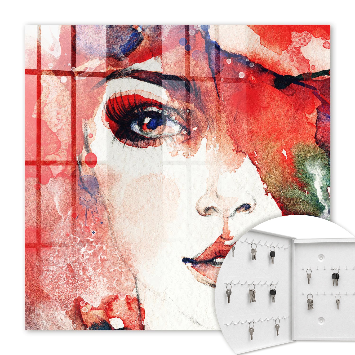 Armoire À Clés - (30 Cm X 30 Cm) - Boîte À Clés Murale - Coffret De Rangement Pour Clés - Couleur Blanche - Ouverture Vers La Gauche - Pour Maison Et Bureau - Portrait D'Une Femme