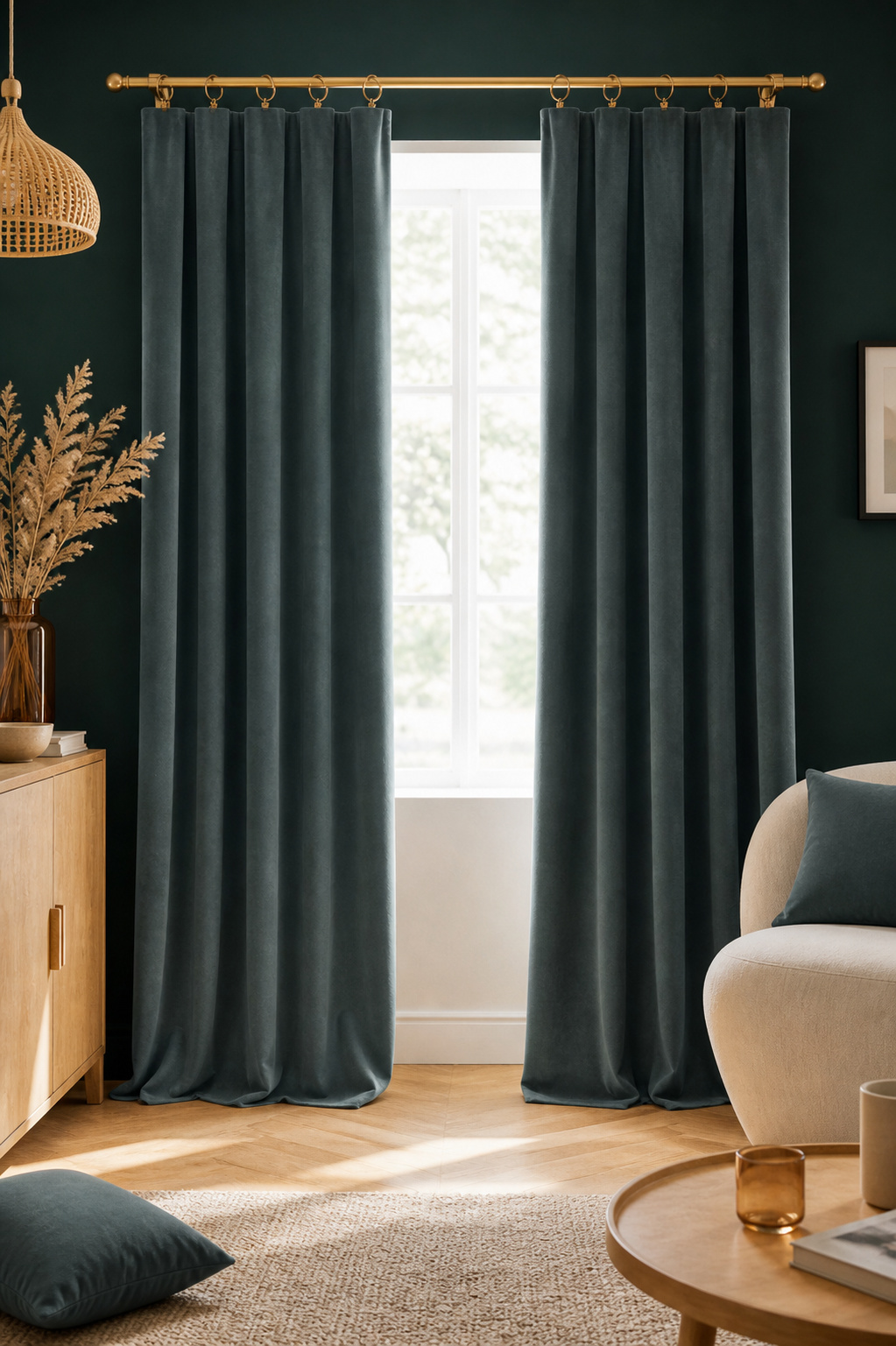 Lot De 2 Rideaux Velours Ardoise 140 X 270 Cm Ajustables - Anneaux Pince - Coton Épais - César