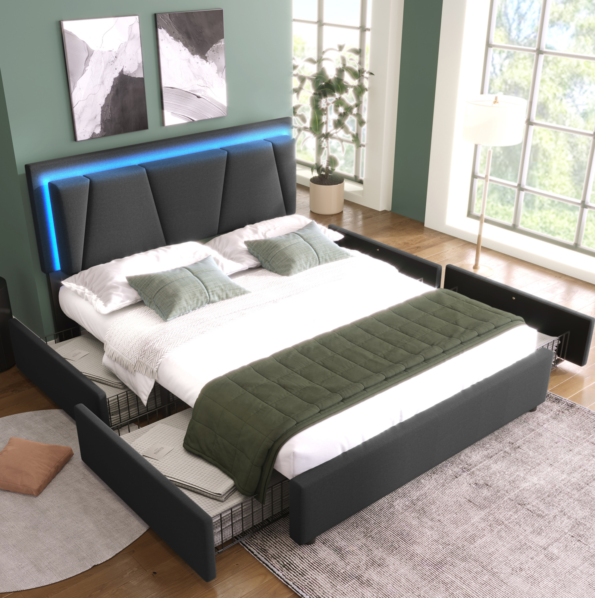 Lit Capitonné Gris 160x200 Cm Avec Led, Tête De Lit Réglable Et 4 Tiroirs