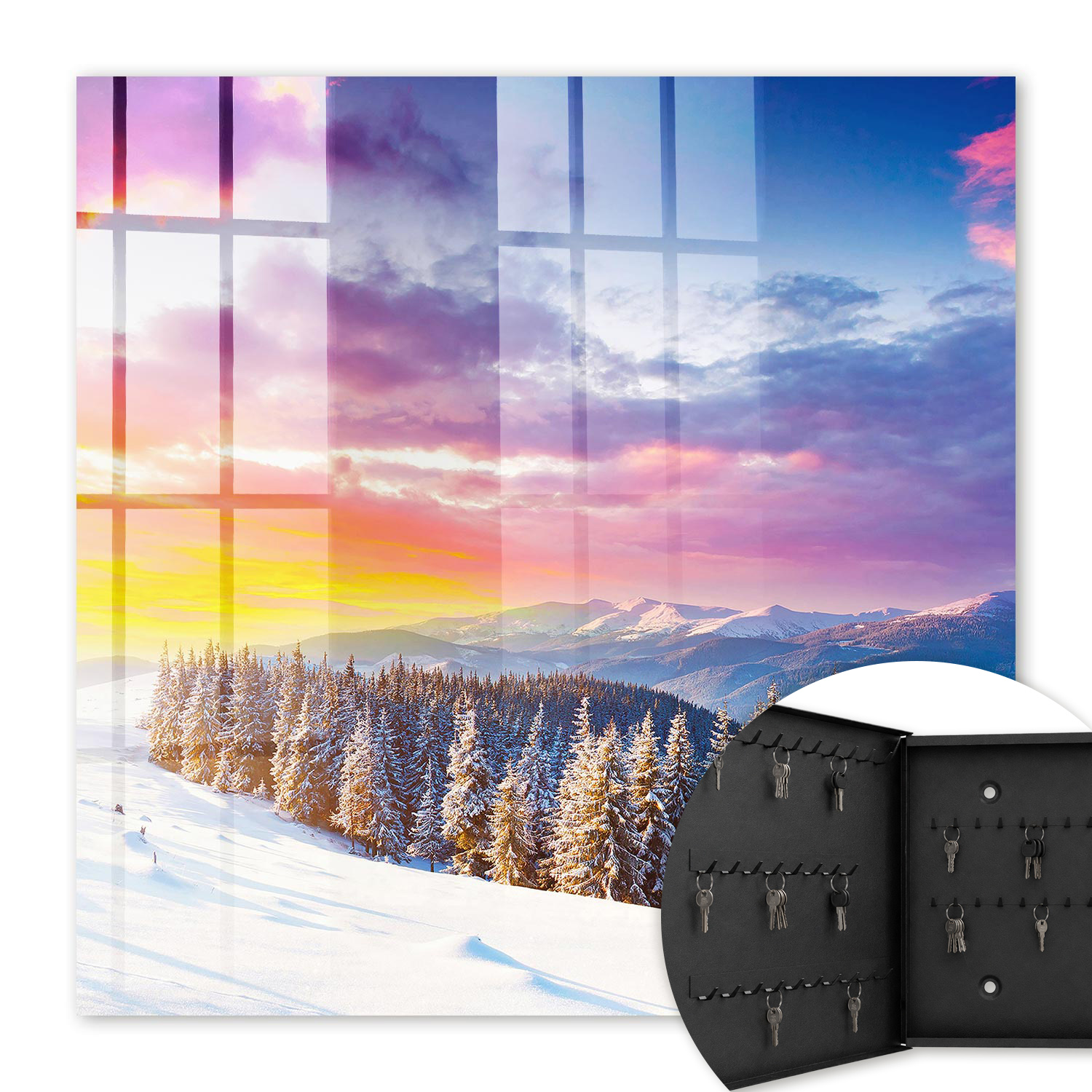Armoire À Clés - (30 Cm X 30 Cm) - Boîte À Clés Murale - Coffret De Rangement Pour Clés - Couleur Noire - Ouverture Vers La Gauche - Pour Maison Et Bureau - Coucher De Soleil D'Hiver