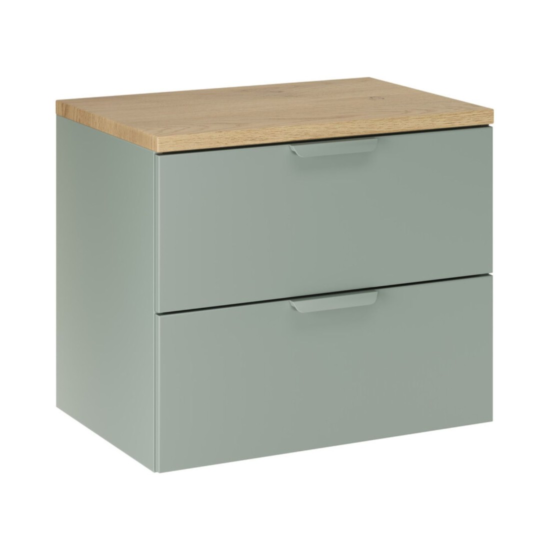 Ensemble De Salle De Bain Suspendu Oster 60cm: Meuble Sous Vasque À Tiroirs Vert Sauge + Plan Pour Vasque Aspect Chêne Clair