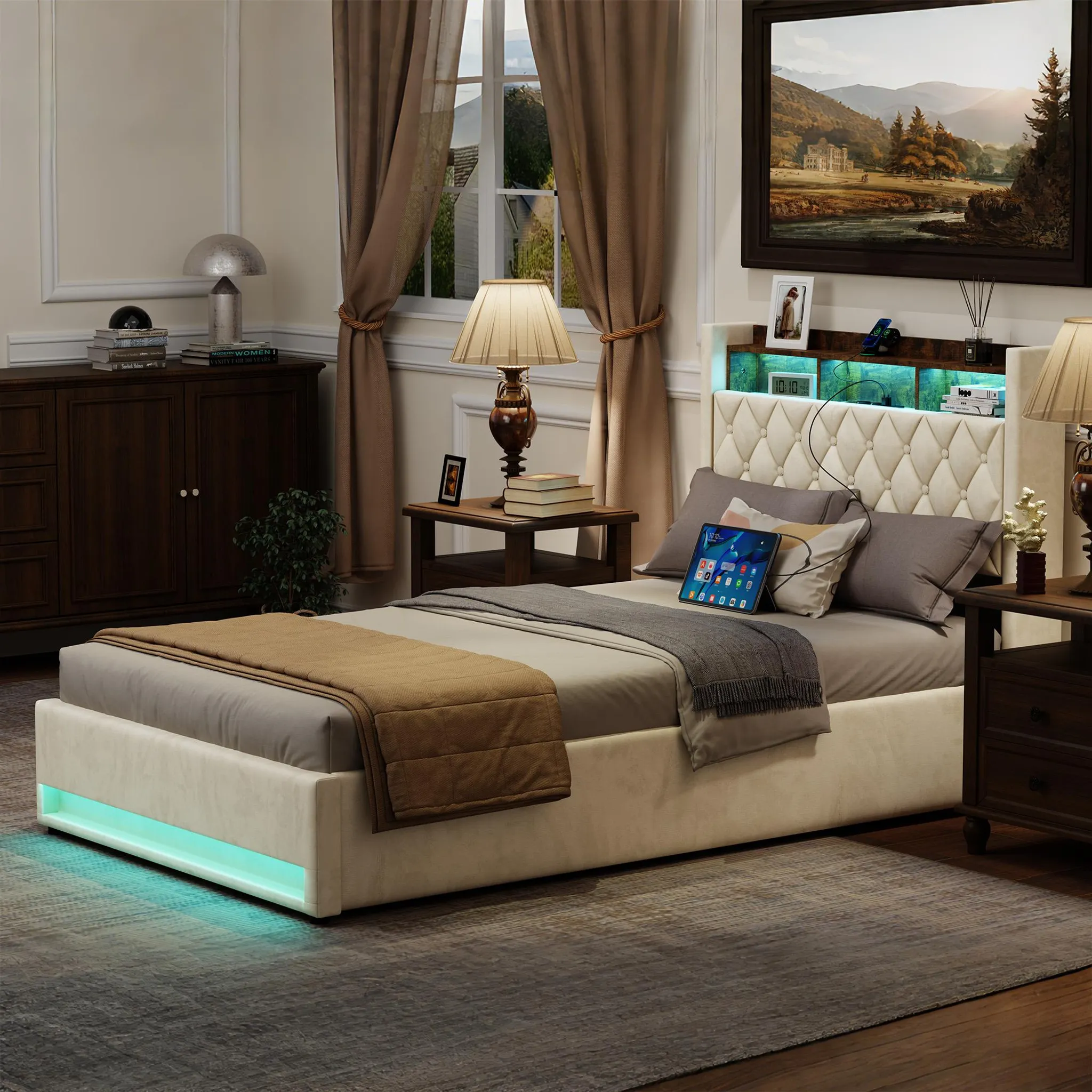 Redom Lit Coffre 140x190 Cm, Avec Led, Ports Usb Et Prises, Tête De Lit Avec Étagère, Sommier À Lattes, Velours Beige (sans Matelas)