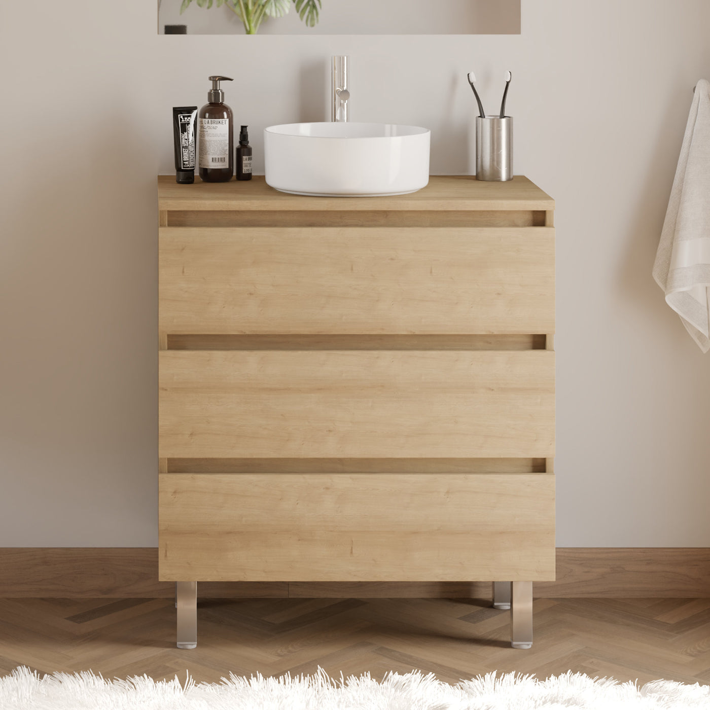 Meuble De Salle De Bain 60cm Avec Plateau Et Vasque À Poser Ronde - 3 Tiroirs - Sans Miroir - Nebraska (chêne Clair) - Mayor