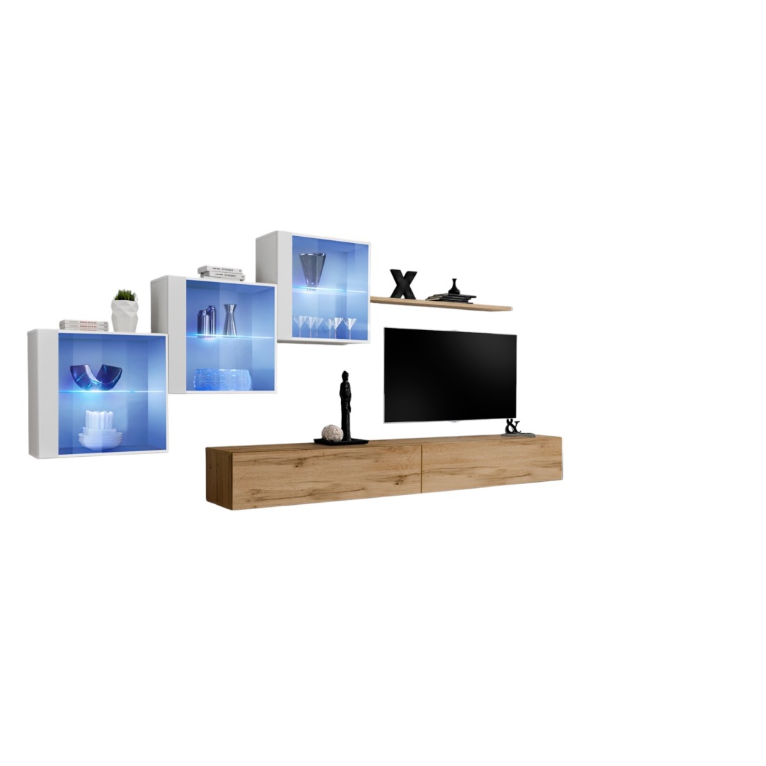 Composition Murale Switch Xx - Double Meuble Tv, Cubes Vitrés Led Et Étagère - Chêne