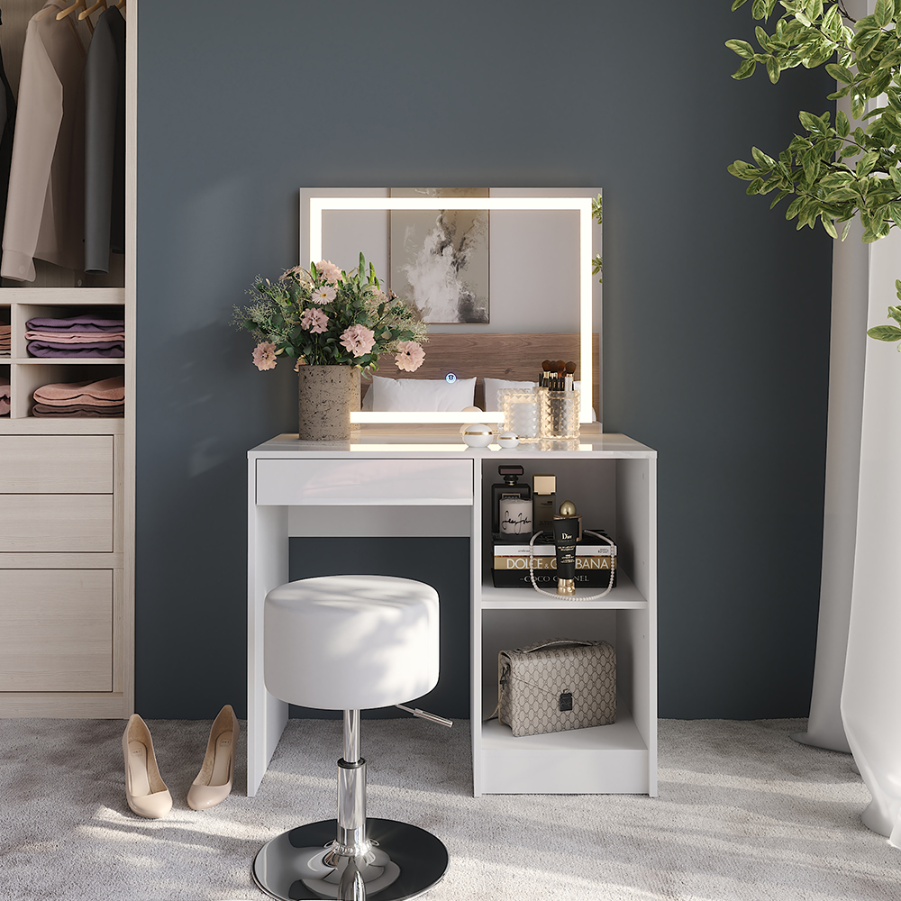 Coiffeuse Sherry, Blanc/blanc Haute Brillance, 89.8cm Avec Miroir Led Et Tabouret, Vicco