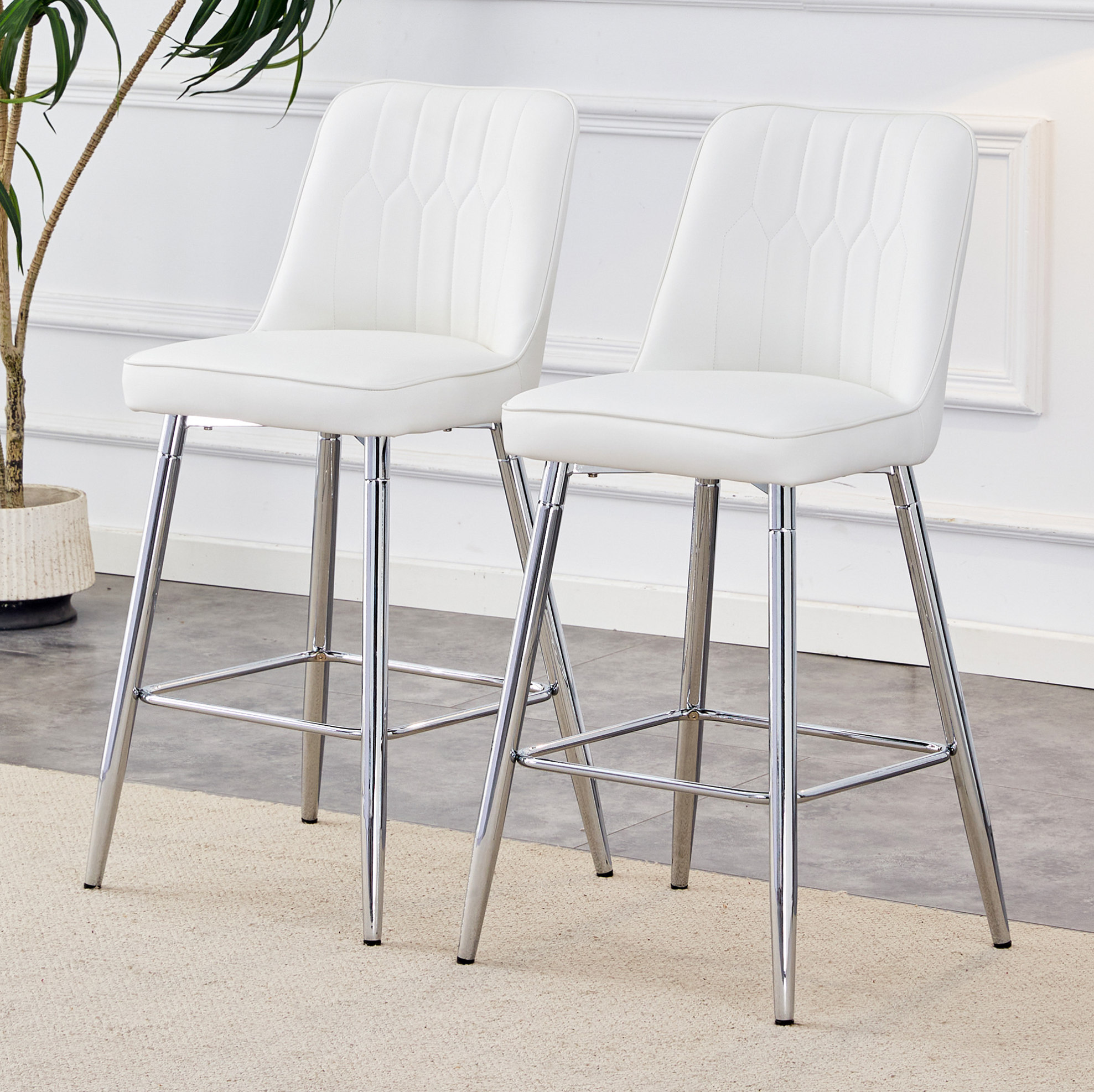 Redom - Lot De 2 Tabourets De Bar Avec Repose Pieds, Dossier Ergonomique, Métal Et Similicuir Pu Blanc Et Argenté