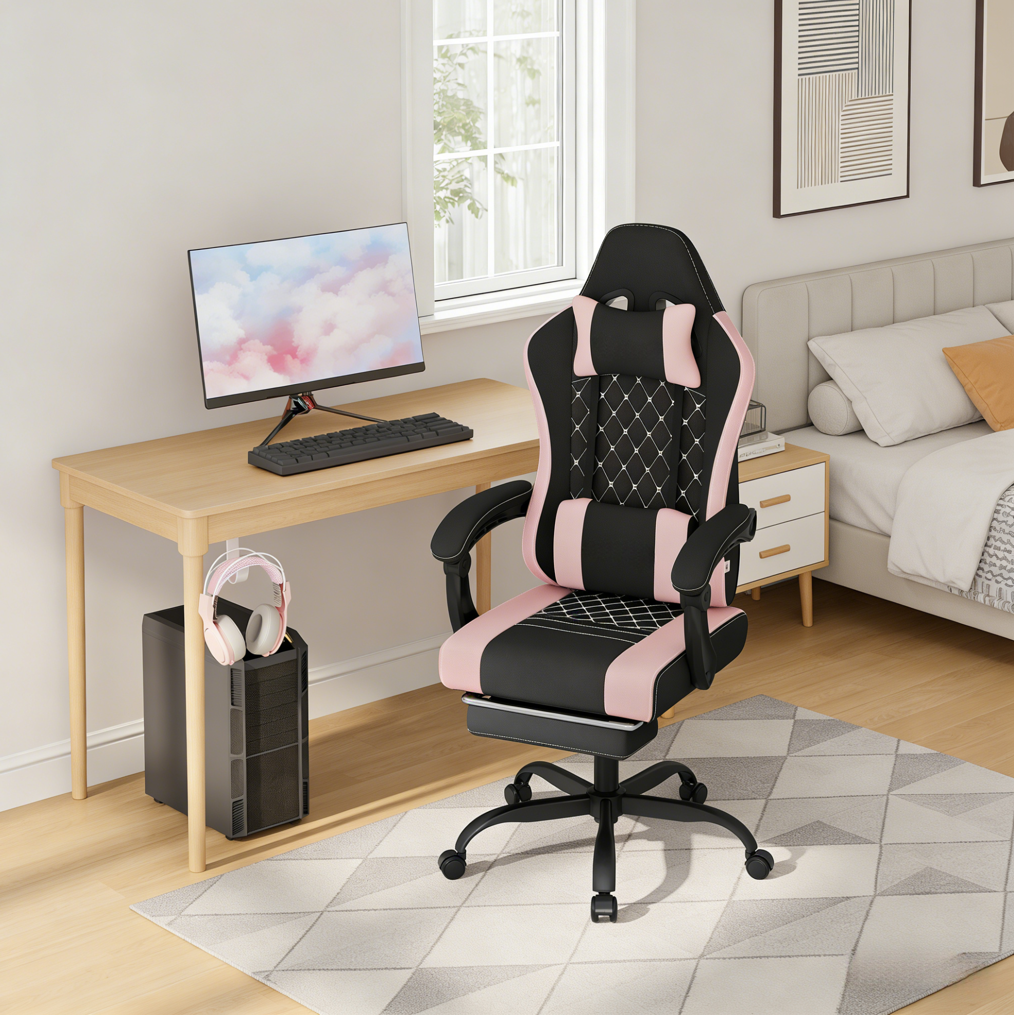 Chaise De Bureau Ergonomique Pivotante Avec Coussin Lombaire Massant, Noir Et Rose