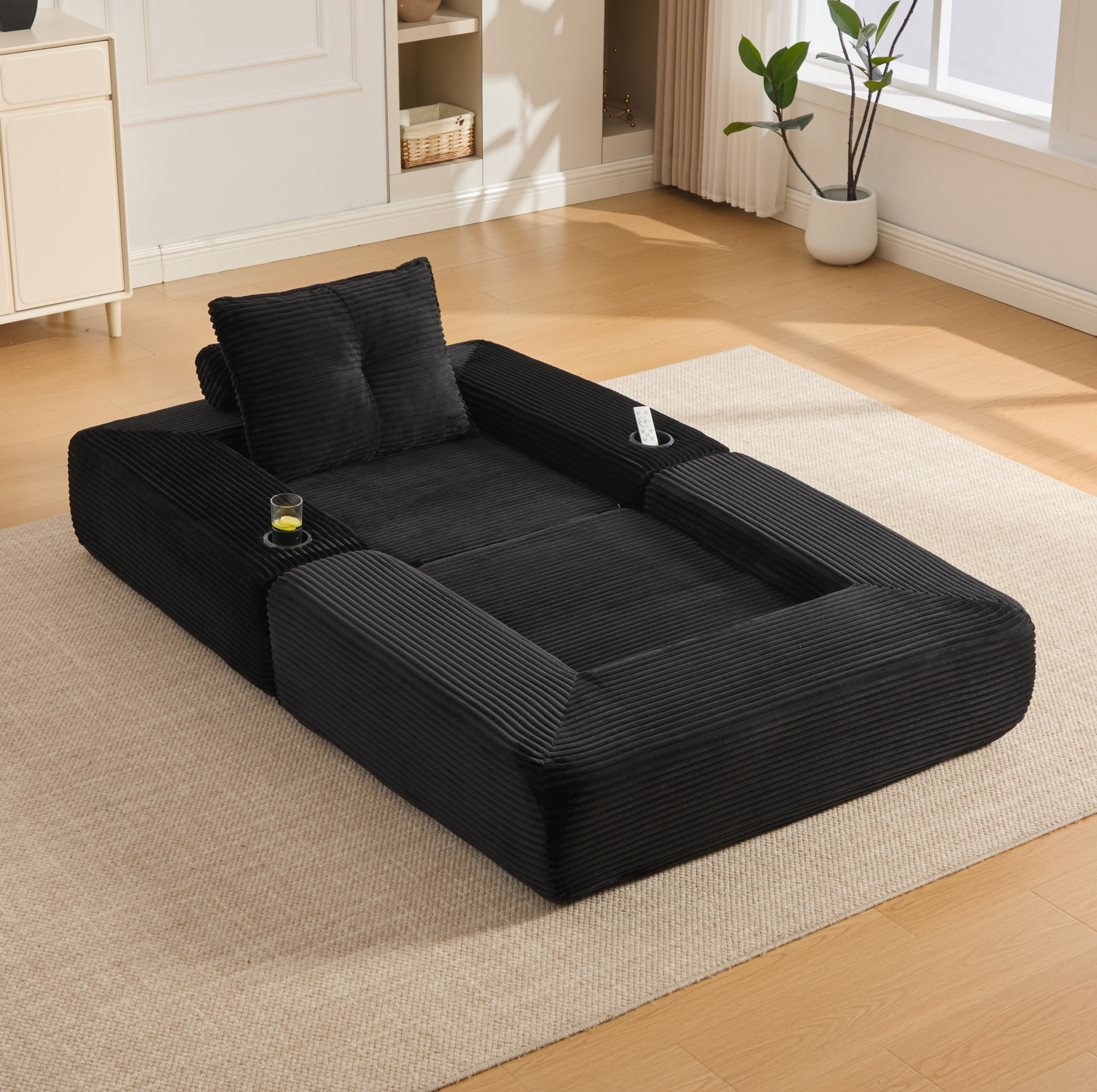 Canapé-lit Pliable En Corduroy Noir, Mousse Haute Densité, Ressorts, Poche Latérale, Redom