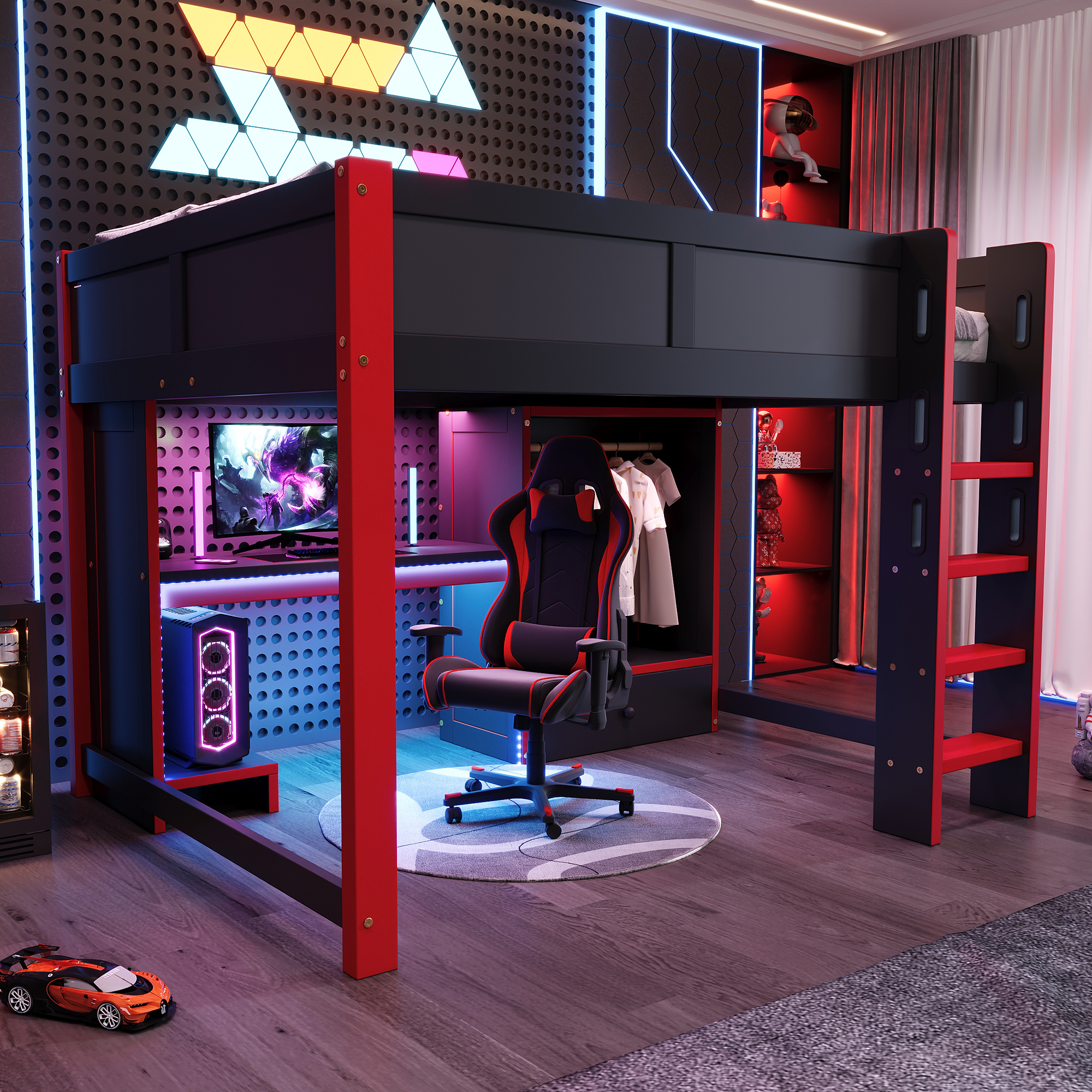 Redom Lit Mezzanine 140x200 Cm Avec Bureau, Armoire, Étagères Et Led En Pin, Mdf Et Contreplaqué Noir Et Rouge (sans Matelas)
