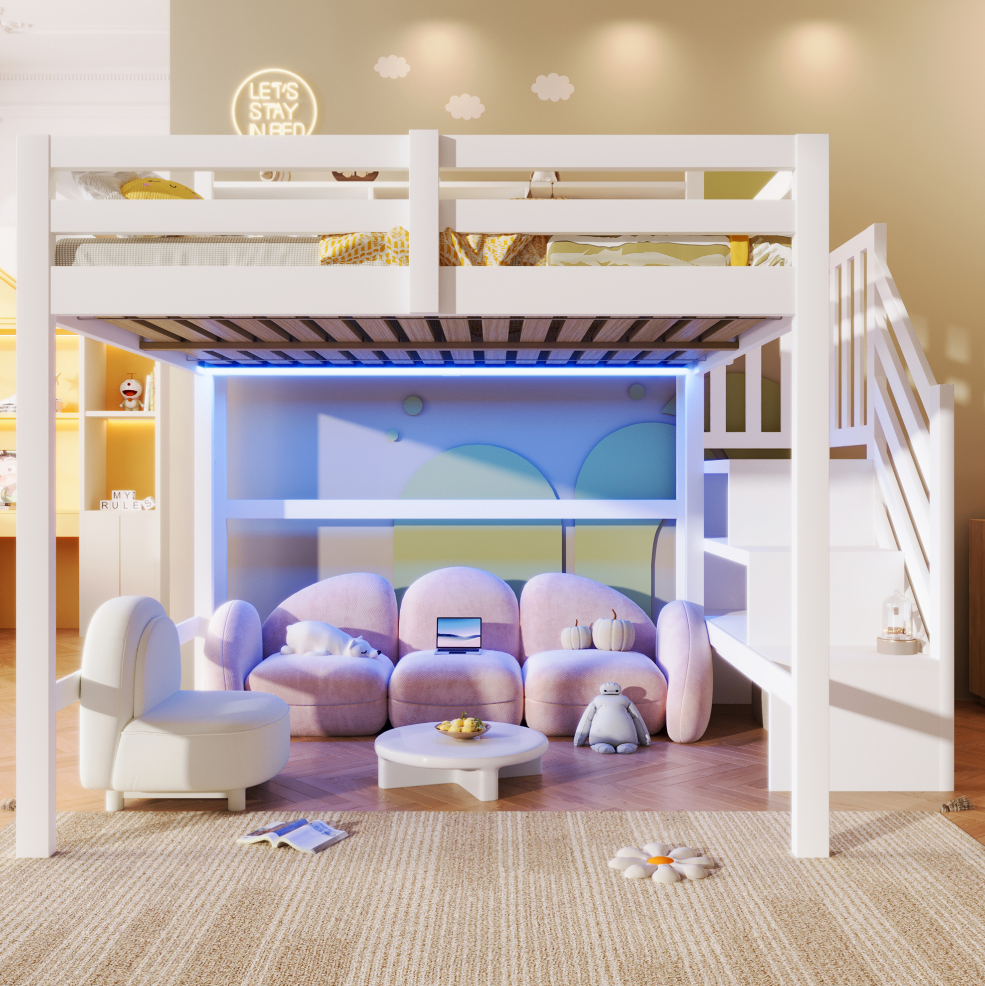 Lit Mezzanine Enfant 140x200 Cm Avec Led, Escalier De Rangement, Blanc, Redom