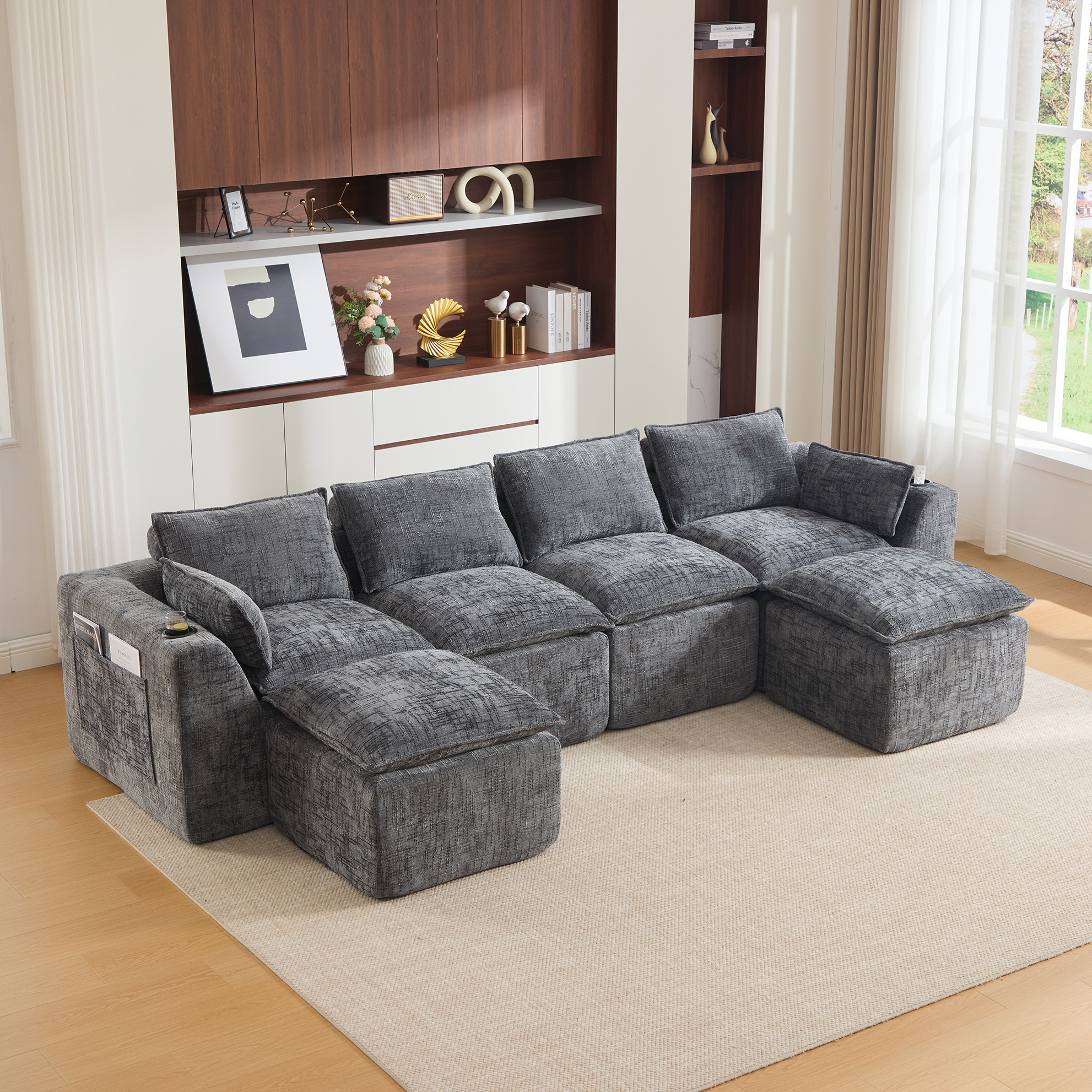 Redom - Canapé Modulaire 4 Places 322x161x75 Cm, Poches Latérales, Coussins Inclus, Rebond Rapide, Chenille Gris Foncé