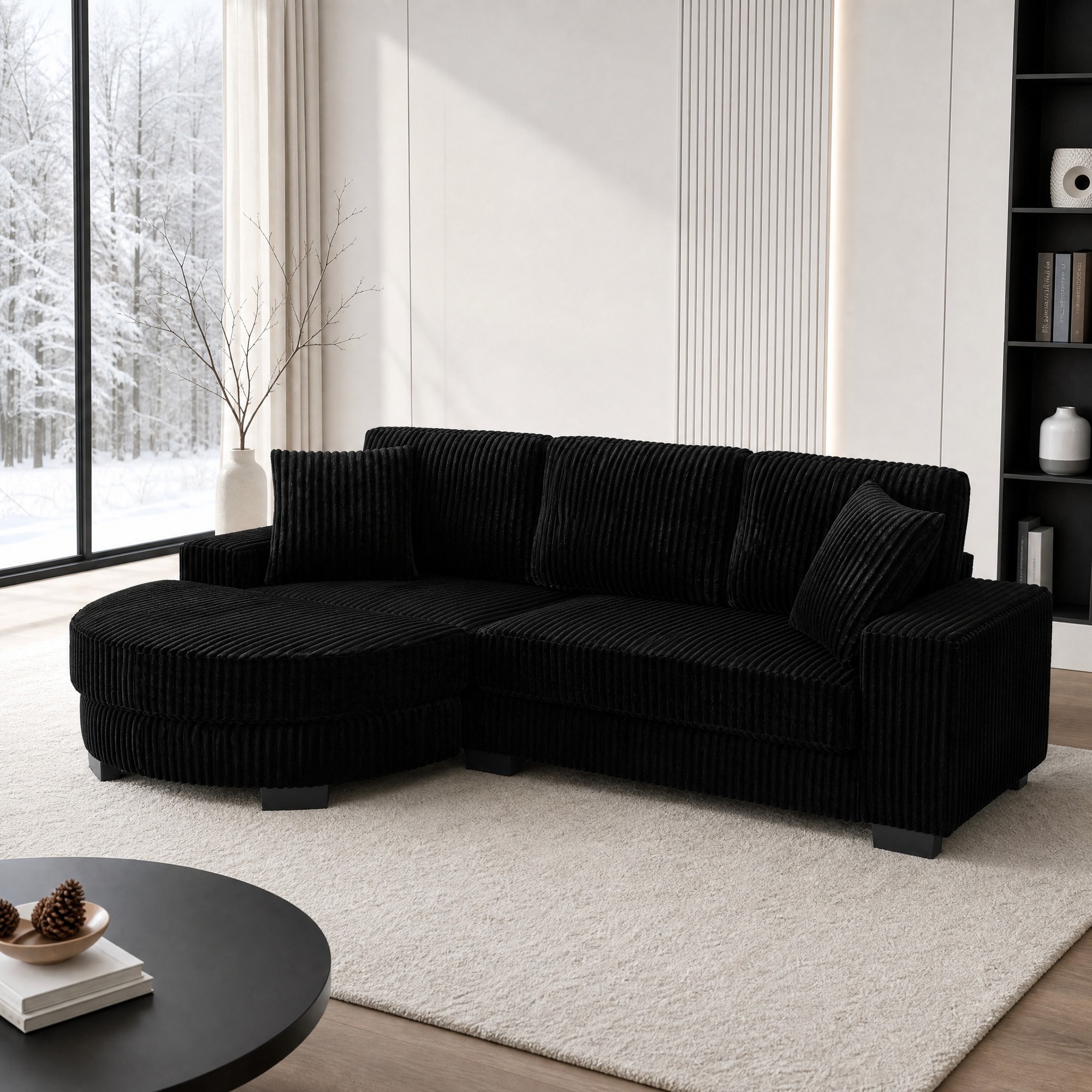 Canapé D'angle L 4 Places 256,5 X 133,5 X 89 Cm, Corduroy Noir, Modulable