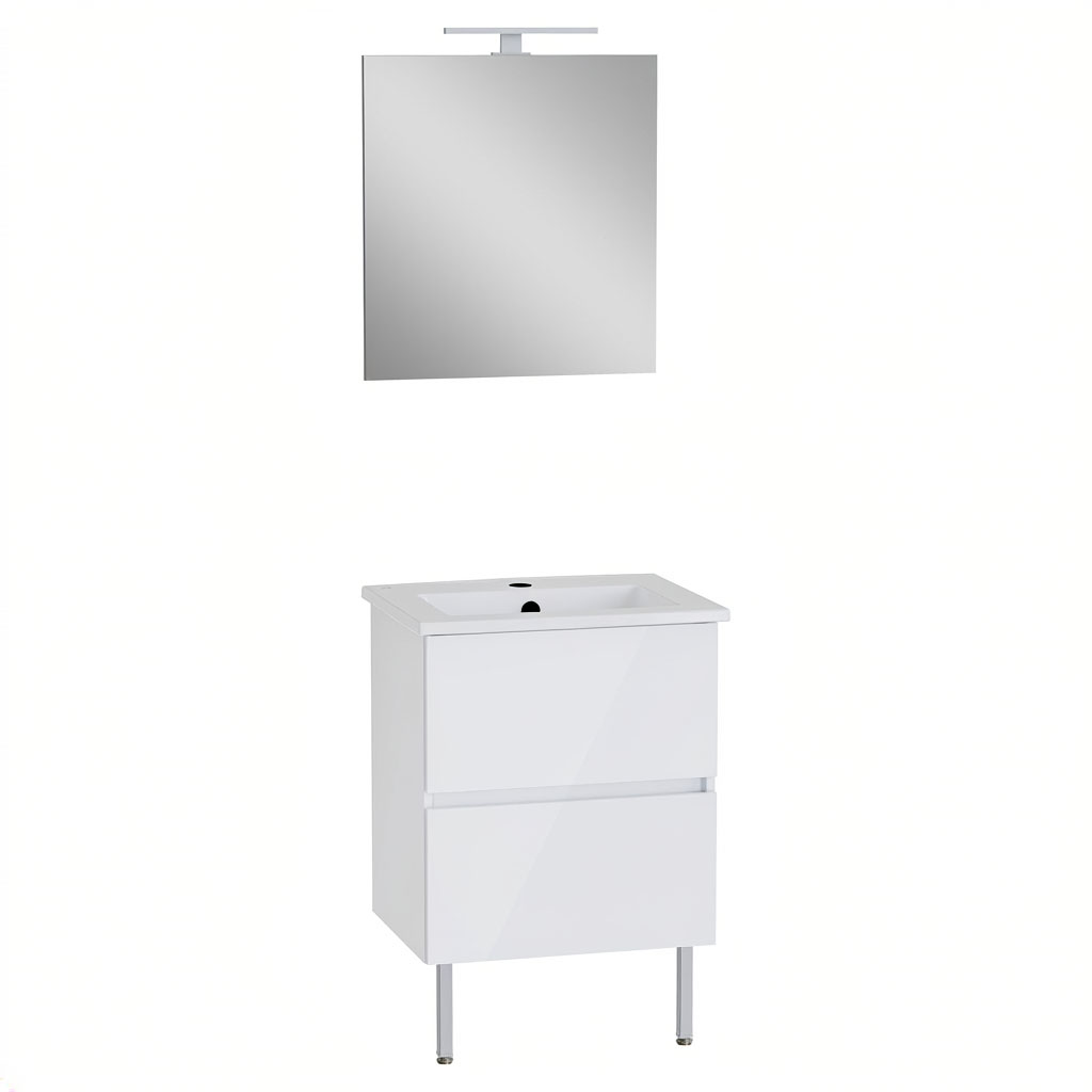 Vitra Pack Meuble 60cm Blanc Brillant 2 Tiroirs Mia Plus Square, Plan Céramique, Miroir Avec Éclairage Led