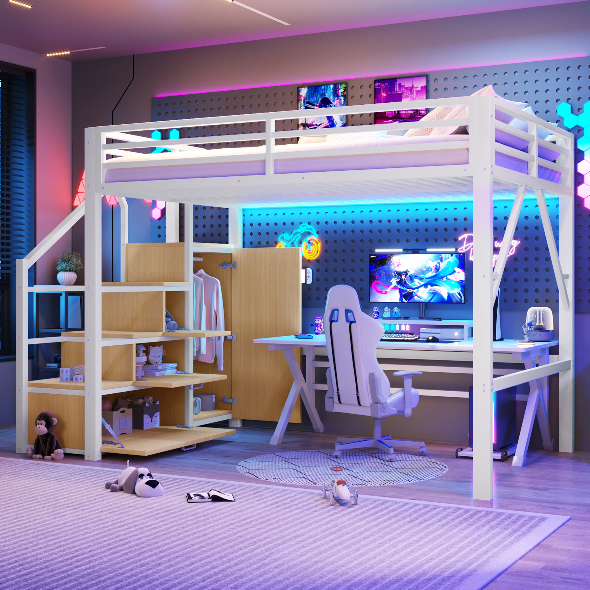 Lit Mezzanine Métal 140x200 Cm Avec Rangements, Armoire, Led Et Blanc