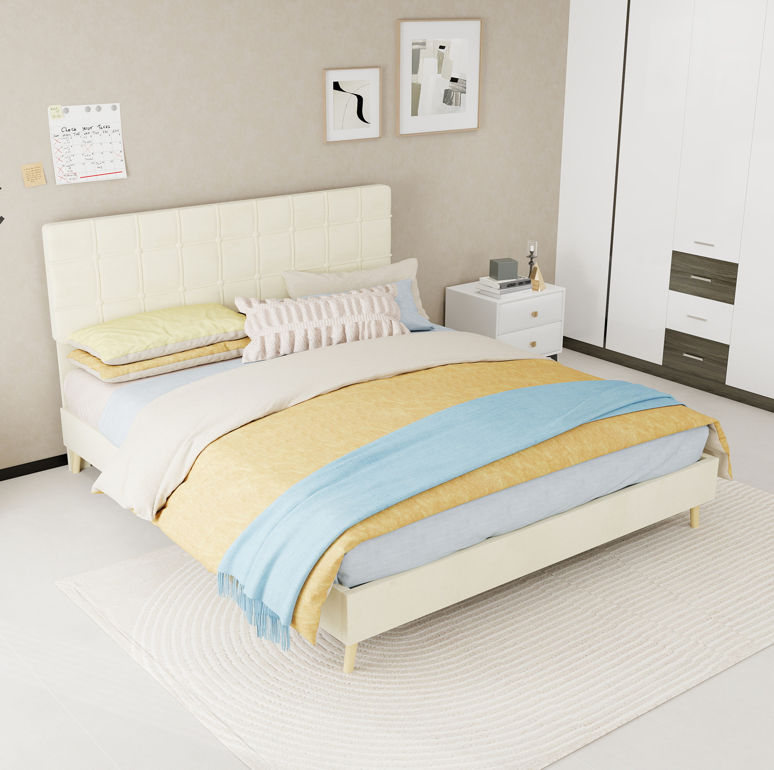 Cama De Matrimonio (205x160x104 Cm), Cabecero Acolchado De Cuadros, Patas De Madera, Terciopelo Beige