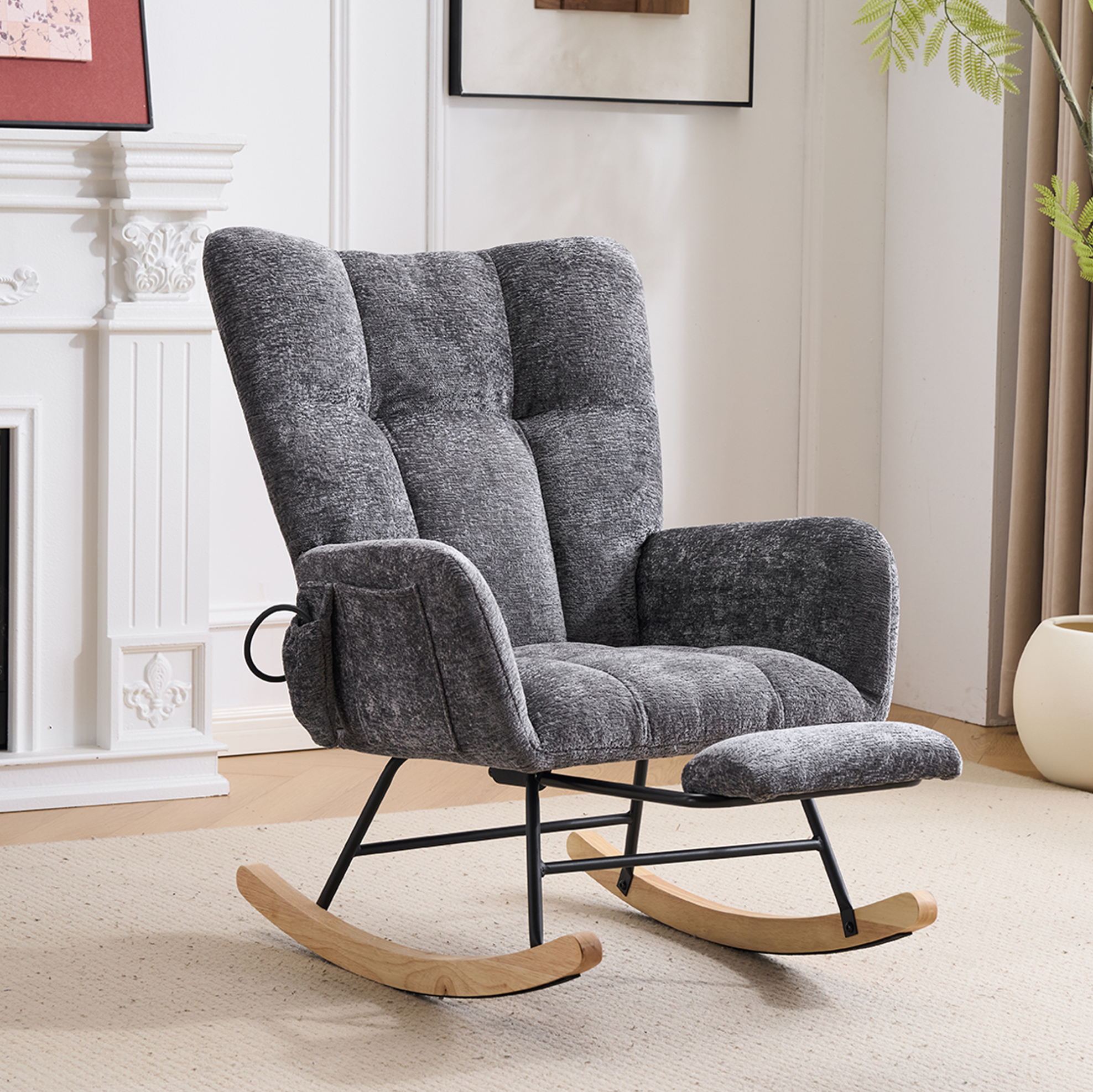 Fauteuil À Bascule Rembourré Avec Repose-pieds, Chenille Gris Foncé 63x92x89 Cm Redom