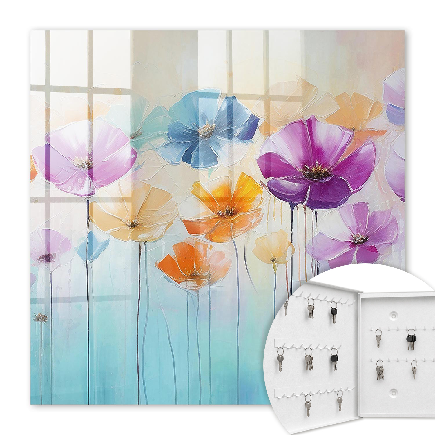 Armoire À Clés - (30 Cm X 30 Cm) - Boîte À Clés Murale - Coffret De Rangement Pour Clés - Couleur Blanche - Ouverture Vers La Gauche - Pour Maison Et Bureau - Fleurs Colorées