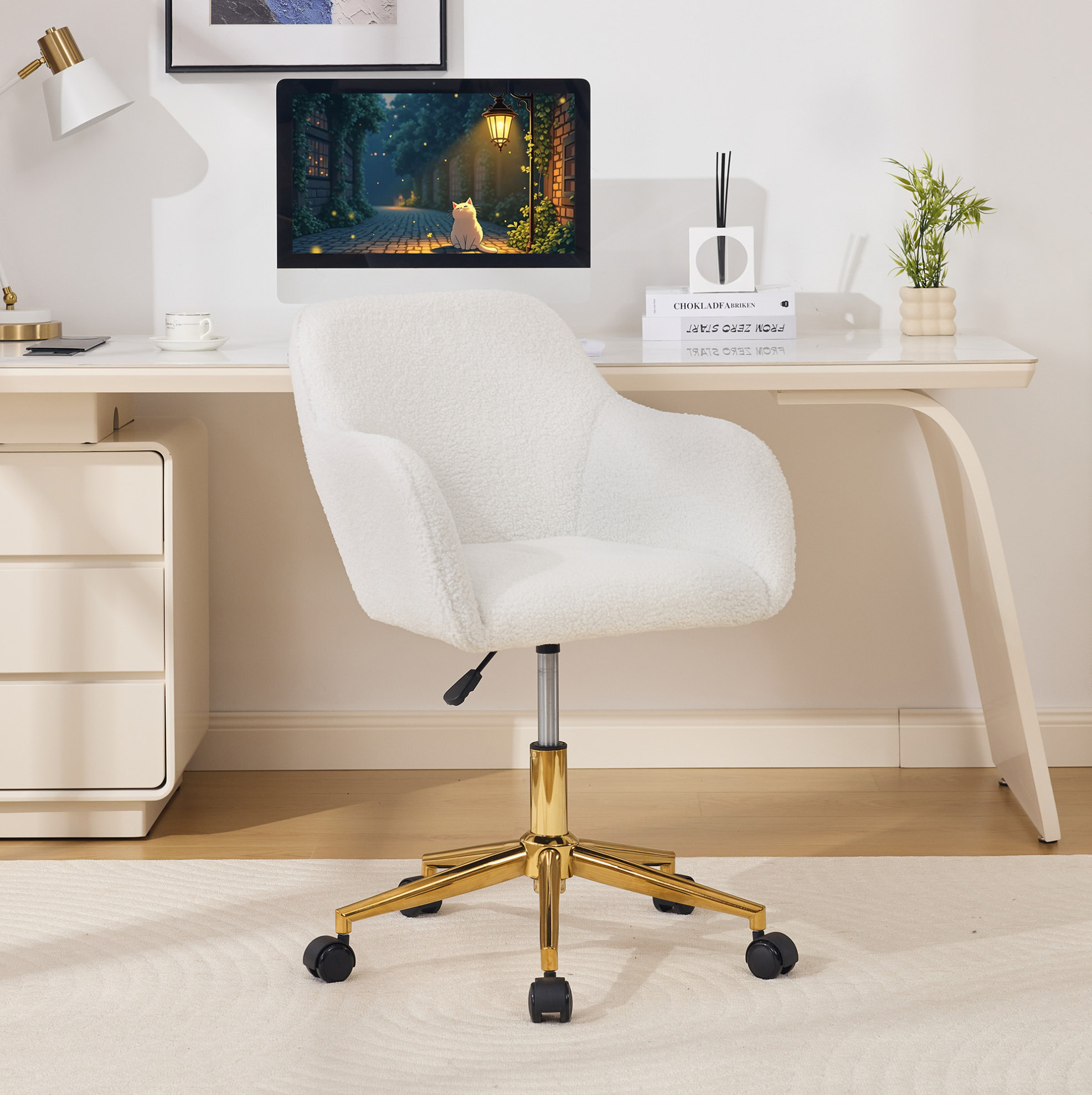 Chaise De Bureau Pivotante En Tissu Bouclette Teddy, Hauteur Réglable, Ivoire, Redom