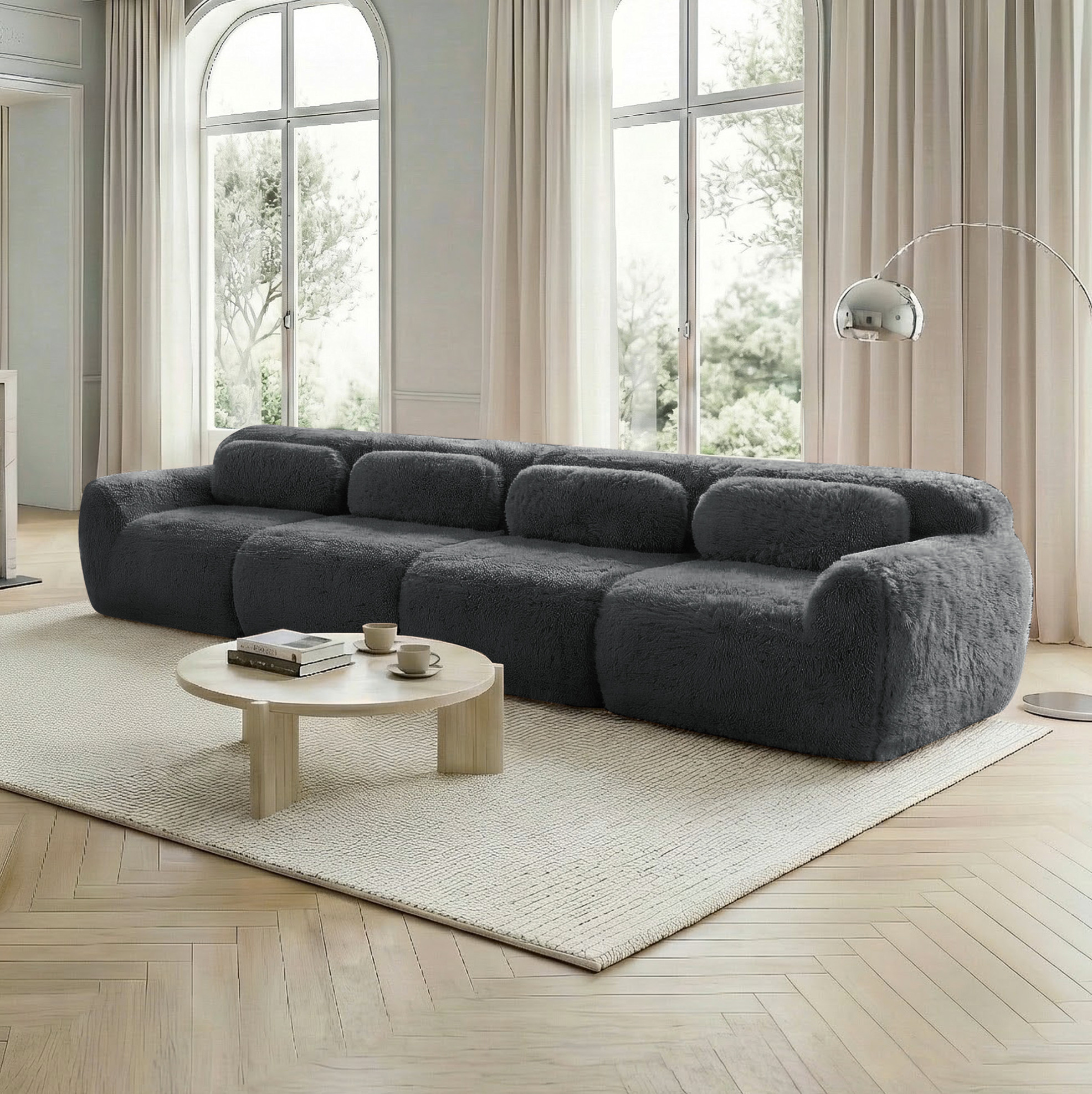 Redom - Canapé Modulaire D'Angle 4 Places, En Tissu Peluche Premium, Assise Large, Base Antidérapante, Gris